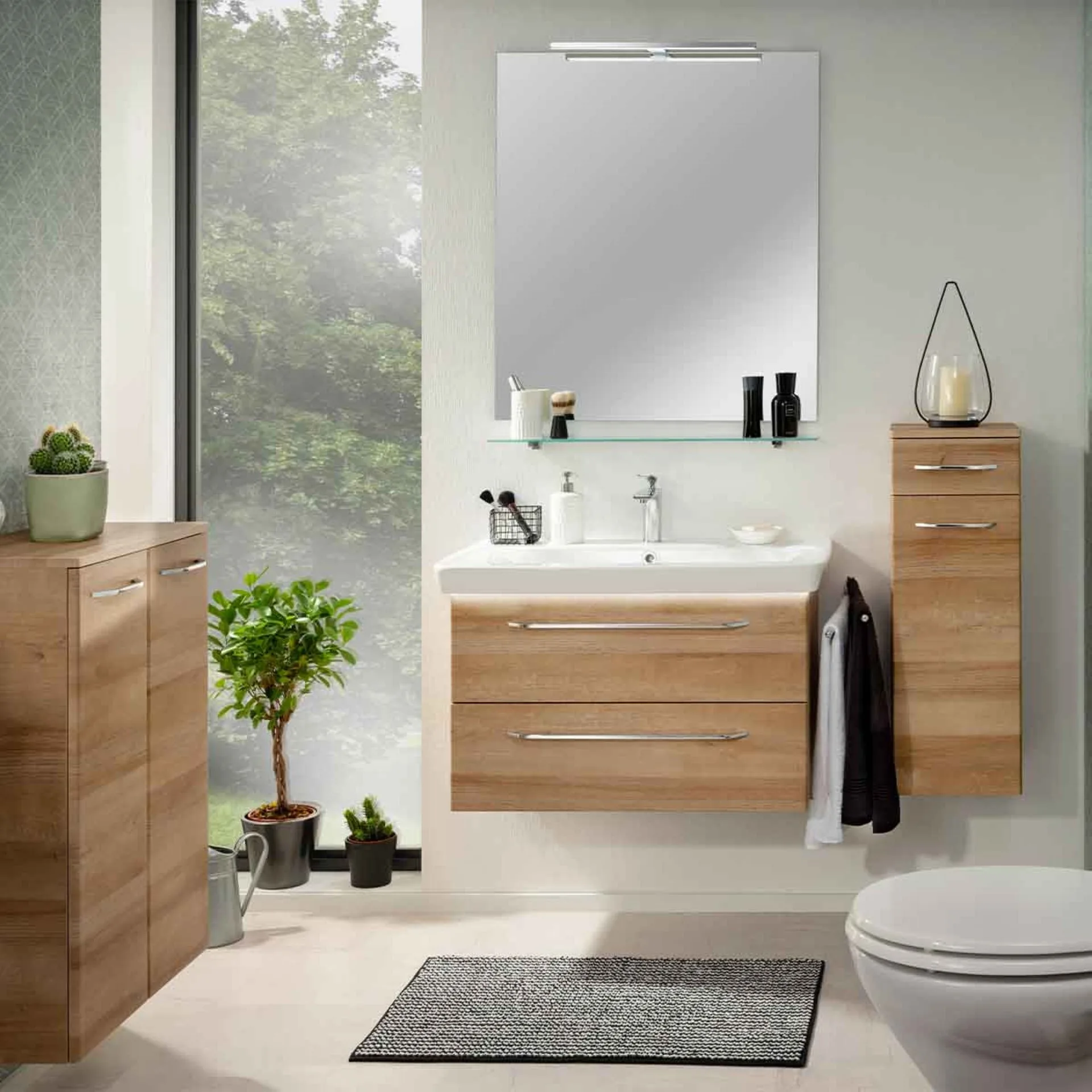 FACKELMANN MILANO Waschbecken mit Unterschrank 88 cm breit, Braun hell, Waschbecken Keramik Weiß