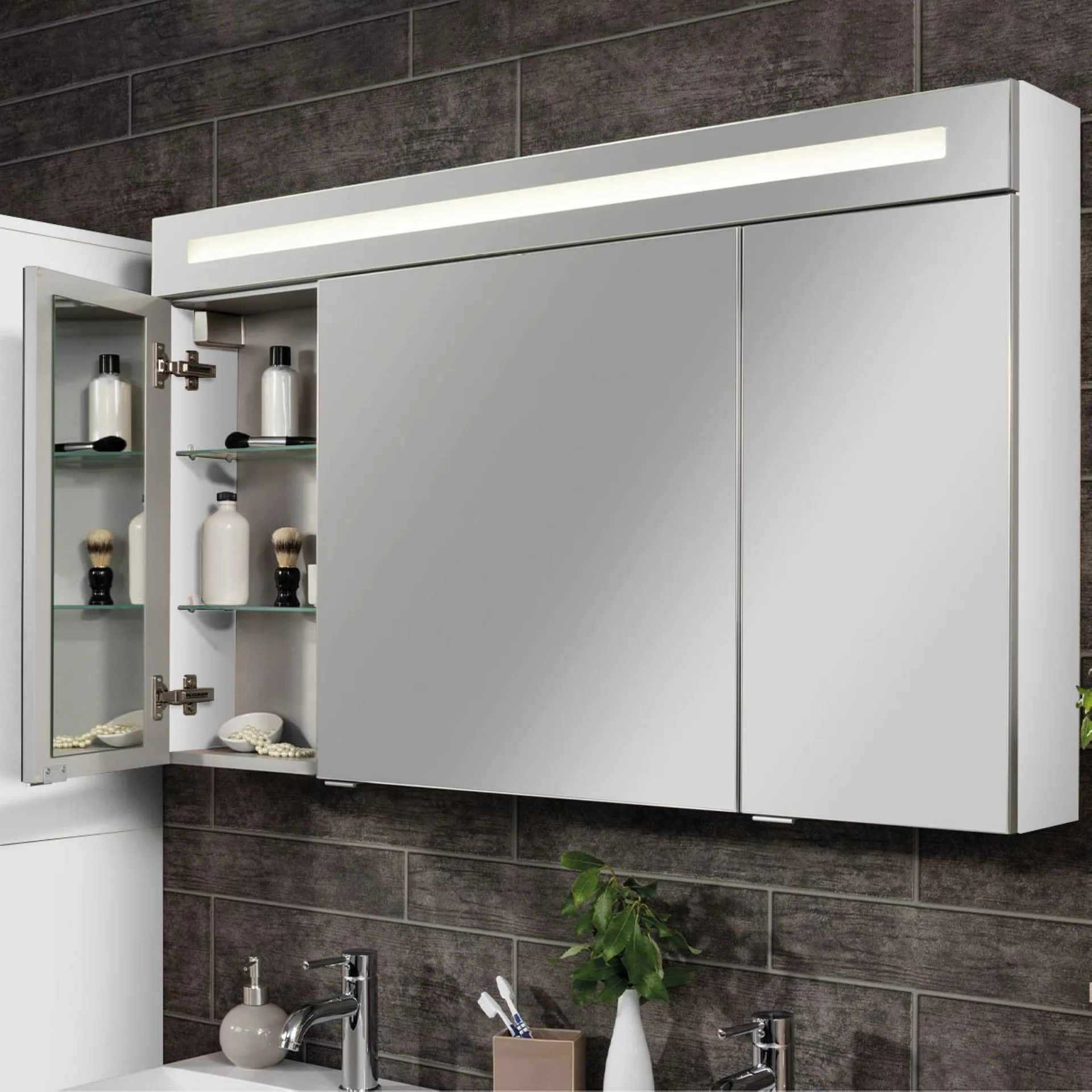 FACKELMANN B.CLEVER Waschtisch Set mit Spiegelschrank 120 cm breit, Weiß, Waschbecken Gussmarmor Weiß