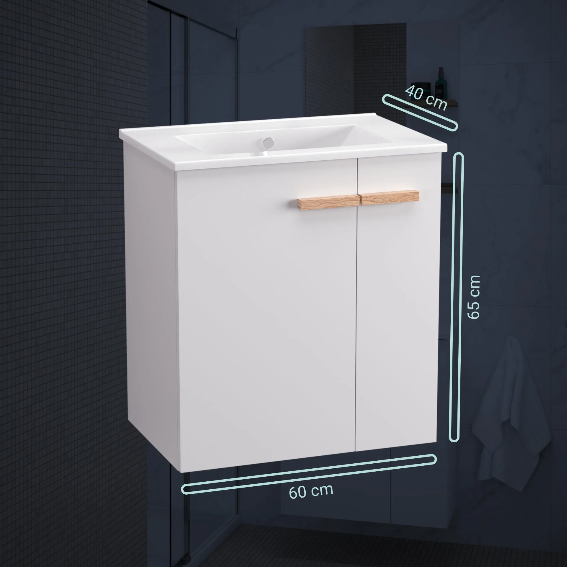 BADEDU HIERA Waschbecken mit Unterschrank 60 cm breit, Weiß, Waschbecken Keramik Weiß
