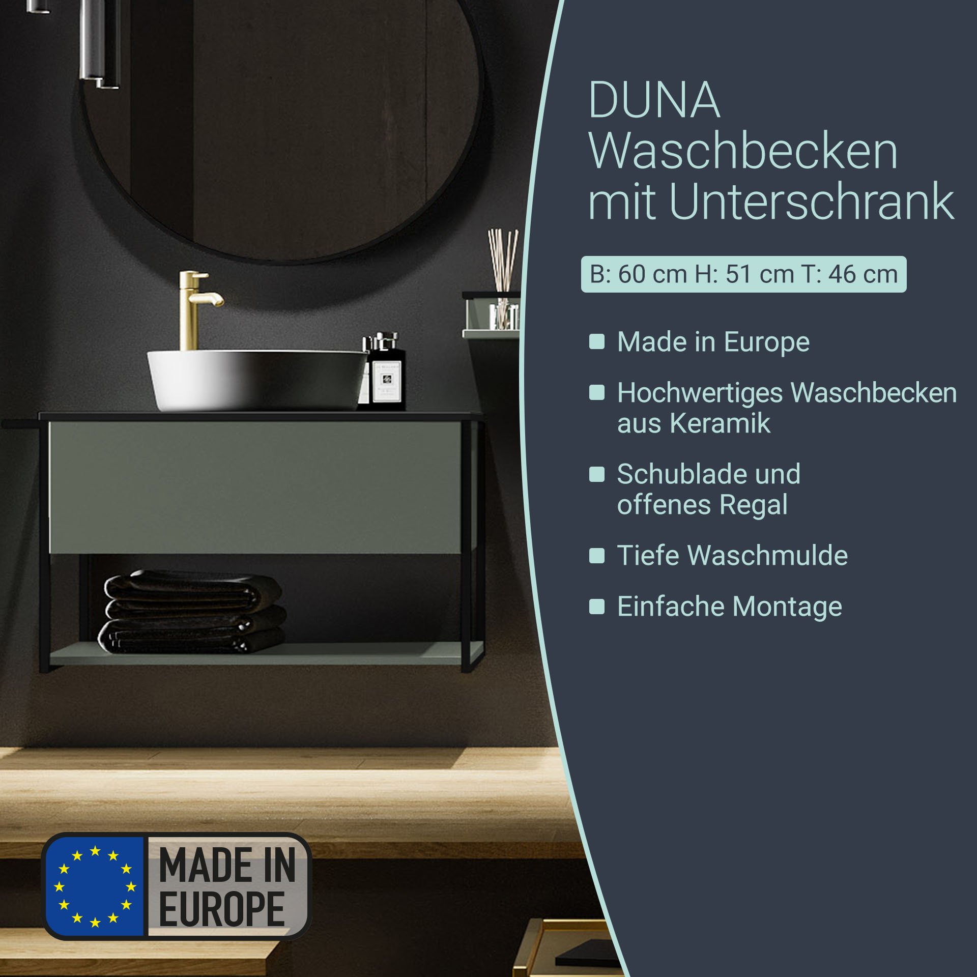BADEDU DUNA Waschtisch mit Unterschrank 60 cm breit, Grün, Waschbecken Keramik Weiß
