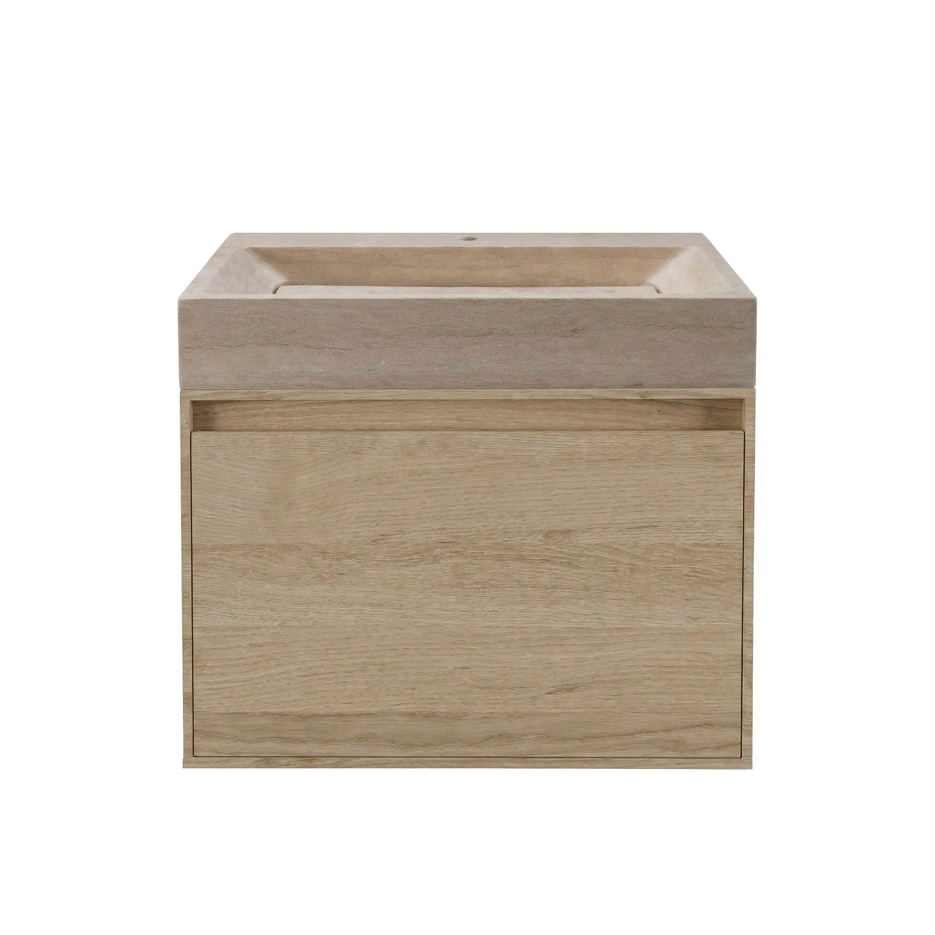FORZALAQUA IBIZA BELLEZZA Waschbecken mit Unterschrank 80 cm breit, Braun hell, Natursteinwaschbecken Travertin matt mit Hahnloch, 1 Schublade