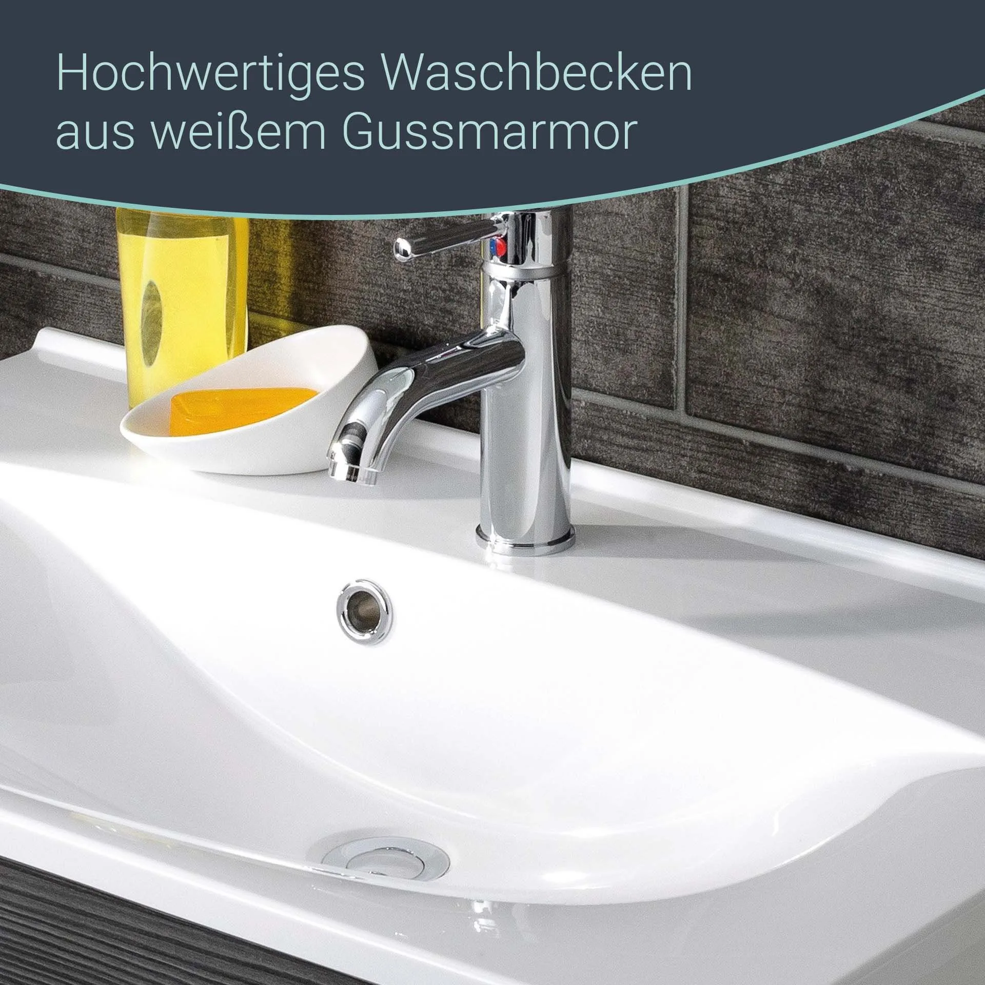 FACKELMANN B.BRILLANT Waschbecken mit Unterschrank 100 cm breit, Anthrazit Glas/Braun hell, Waschbecken Gussmarmor Weiß