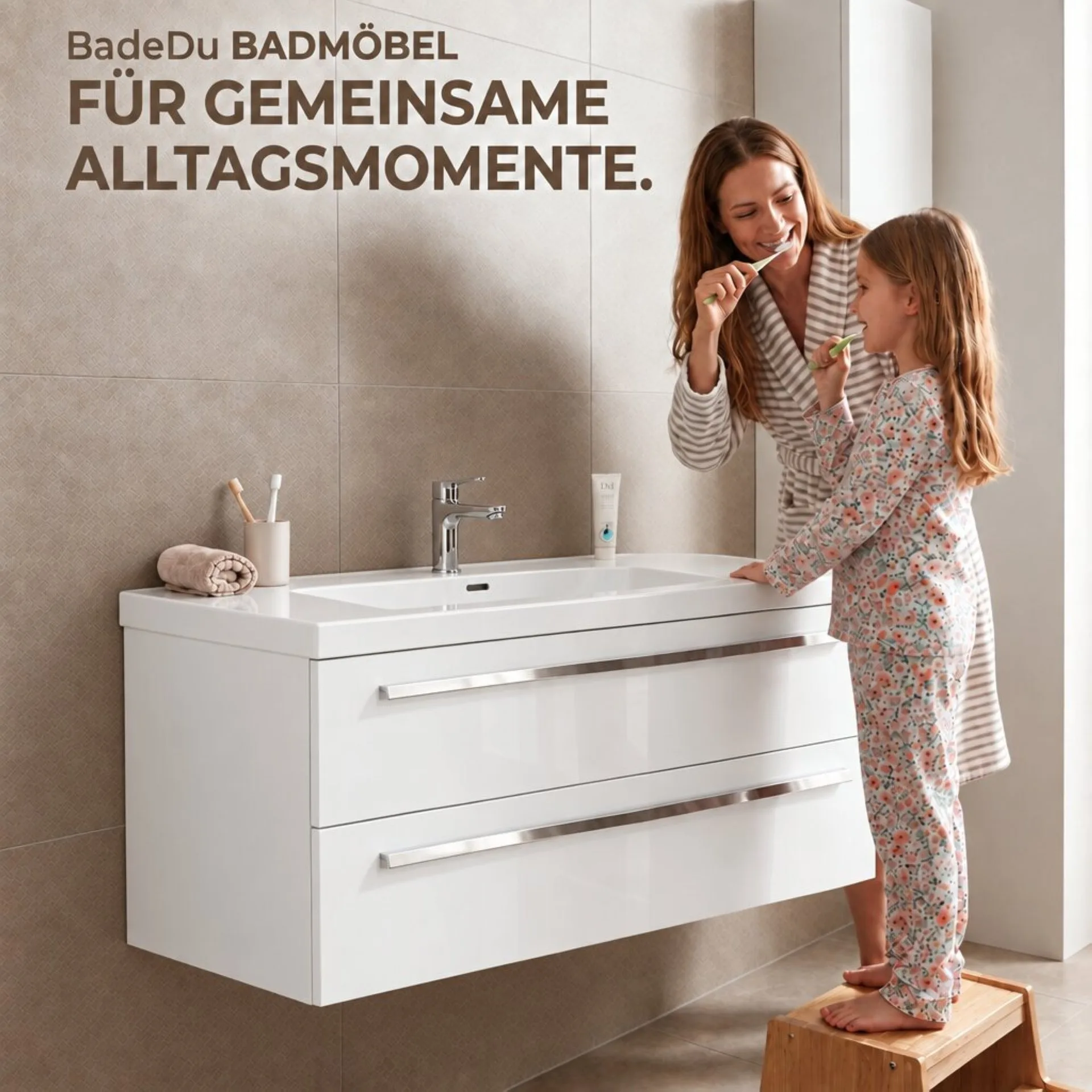 BADEDU TESSANO Waschbecken mit Unterschrank 120 cm breit, Weiß, Waschbecken Keramik Weiß