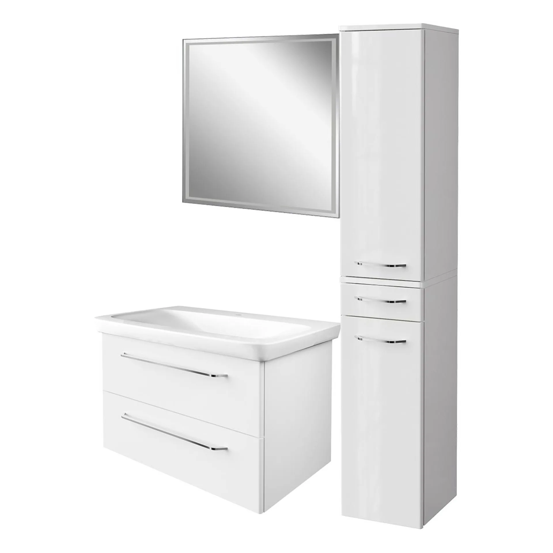FACKELMANN MILANO Badmöbel Set 4-teilig 88 cm breit, Weiß, Waschbecken Keramik Weiß + LED Spiegel + Hochschrank