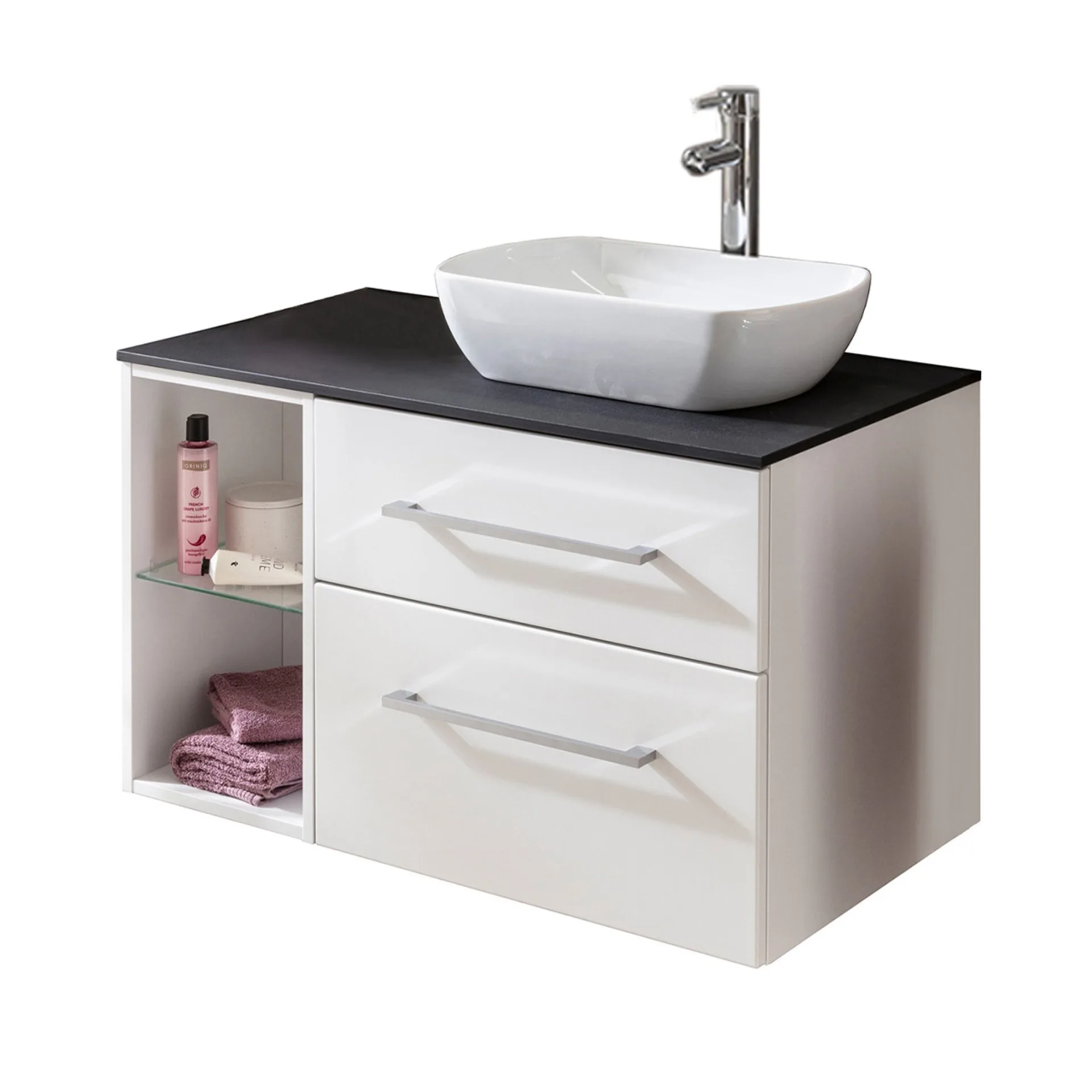 FACKELMANN OXFORD Badmöbel Set 5-teilig 90 cm breit, Weiß, Aufsatzwaschbecken Keramik Weiß + Waschtischplatte + Regal + Armatur