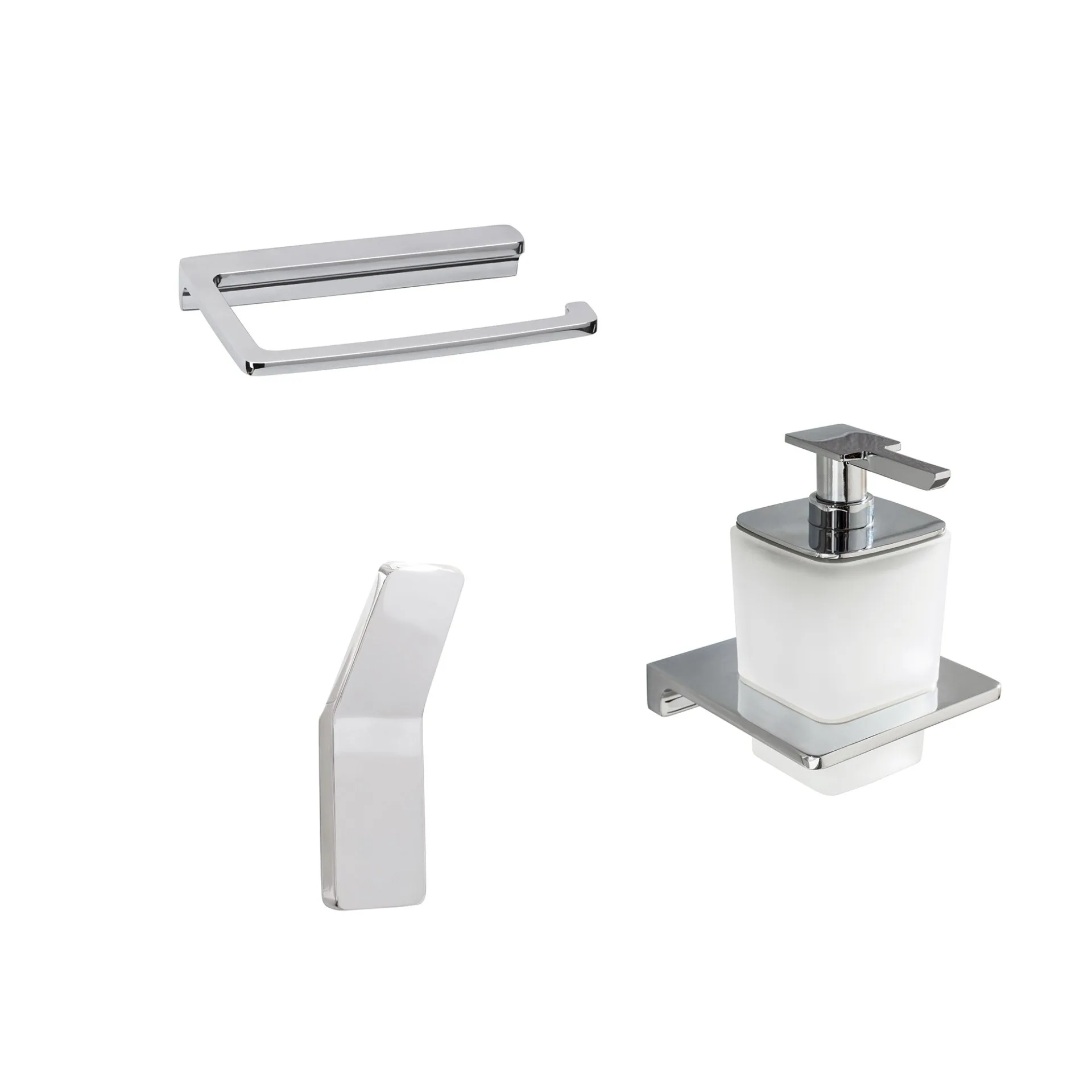 BADEDU SIRIUS Accessoire Set 3-teilig, Chrom, Handtuchhaken, Toilettenpapierhalter, Seifenspender mit Halter