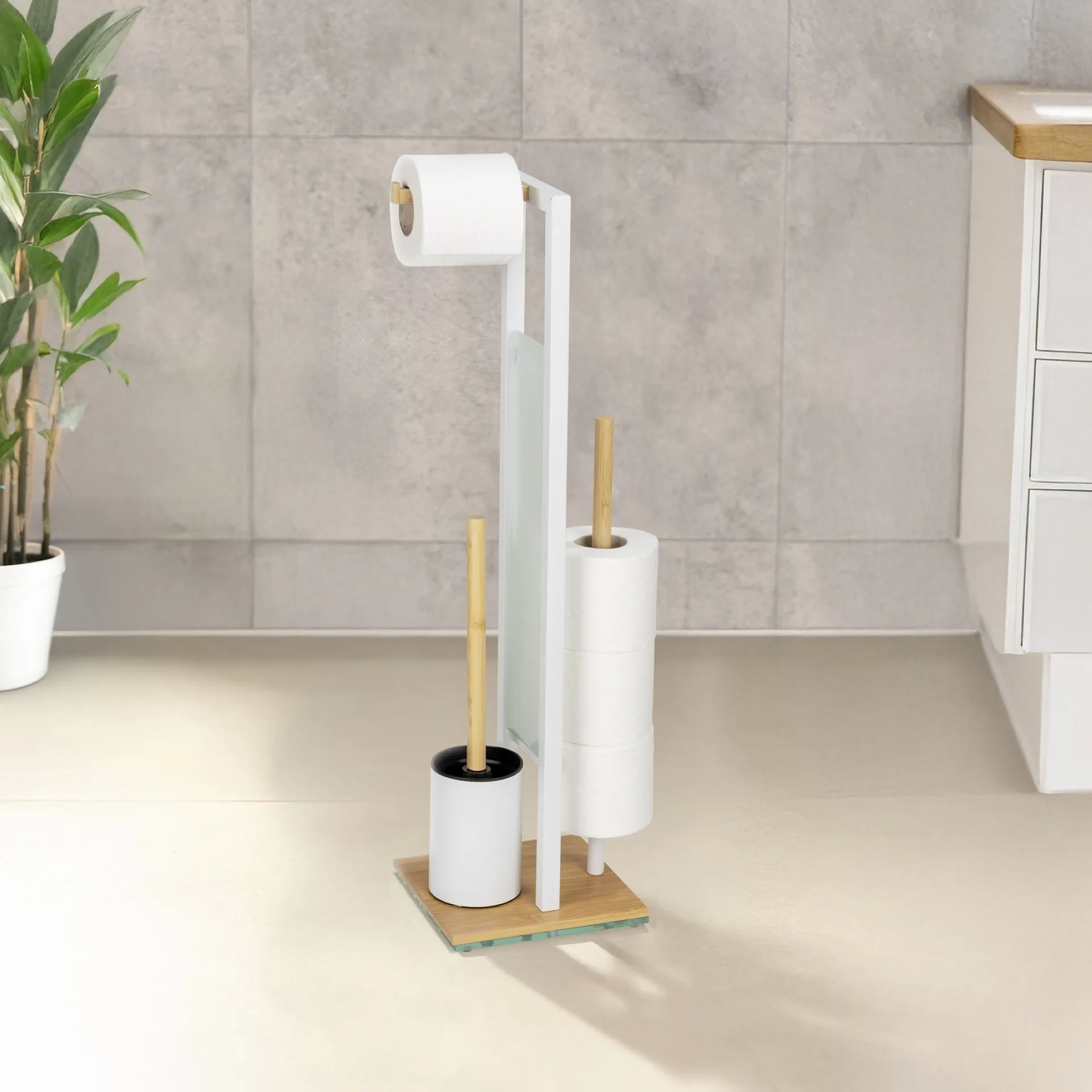 WENKO RIVALTA WC-Garnitur, Braun/Weiß, Bambus, mit Toilettenpapierhalter und Bevorrater, stehend