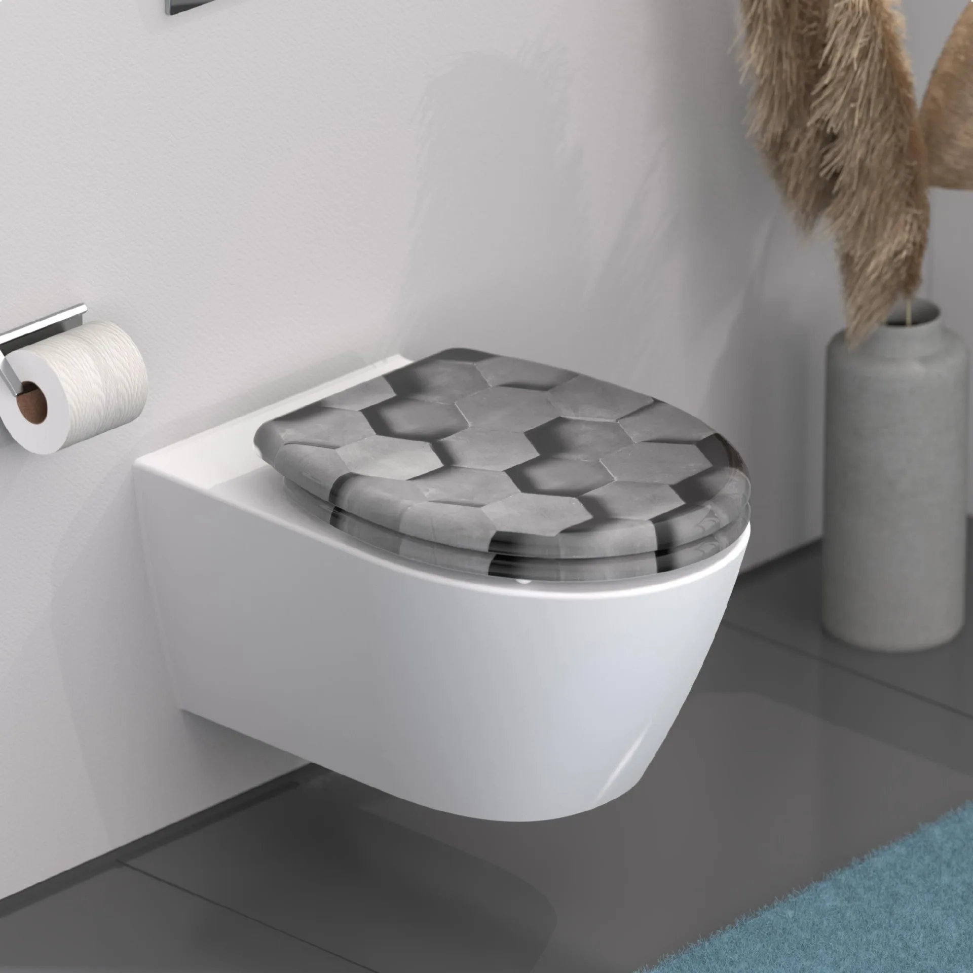 SCHÜTTE GREY HEXAGONS WC-Sitz, Kunststoff, mit Absenkautomatik und Schnellverschluss