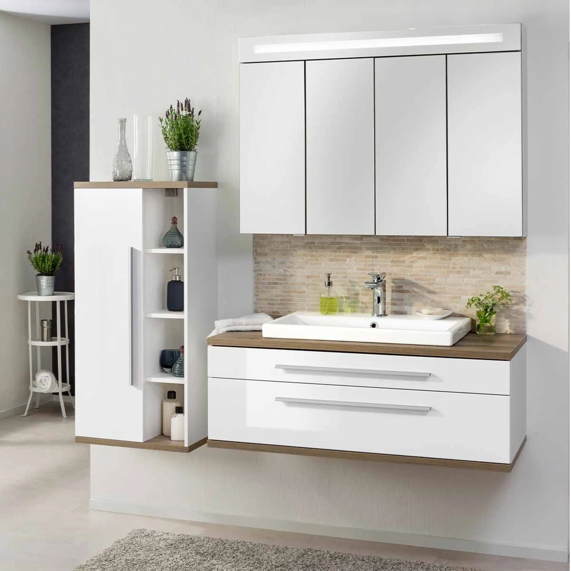 FACKELMANN STANFORD Waschtisch Set mit Spiegelschrank 110 cm breit, Weiß/Braun hell, Waschbecken Keramik Weiß