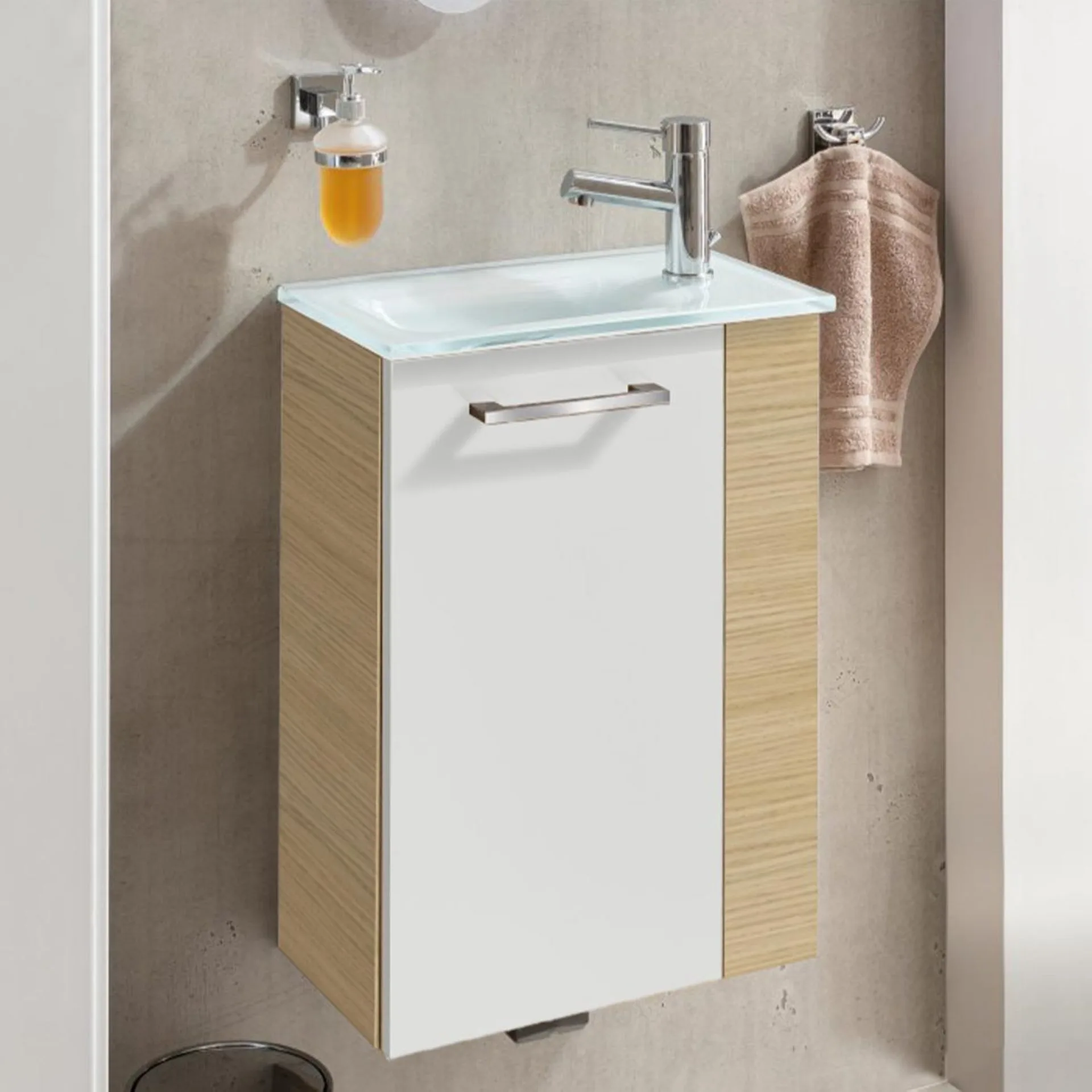 FACKELMANN SBC B.STYLE Waschbeckenunterschrank Gäste WC 45 cm breit, Weiß/Braun, Türanschlag links