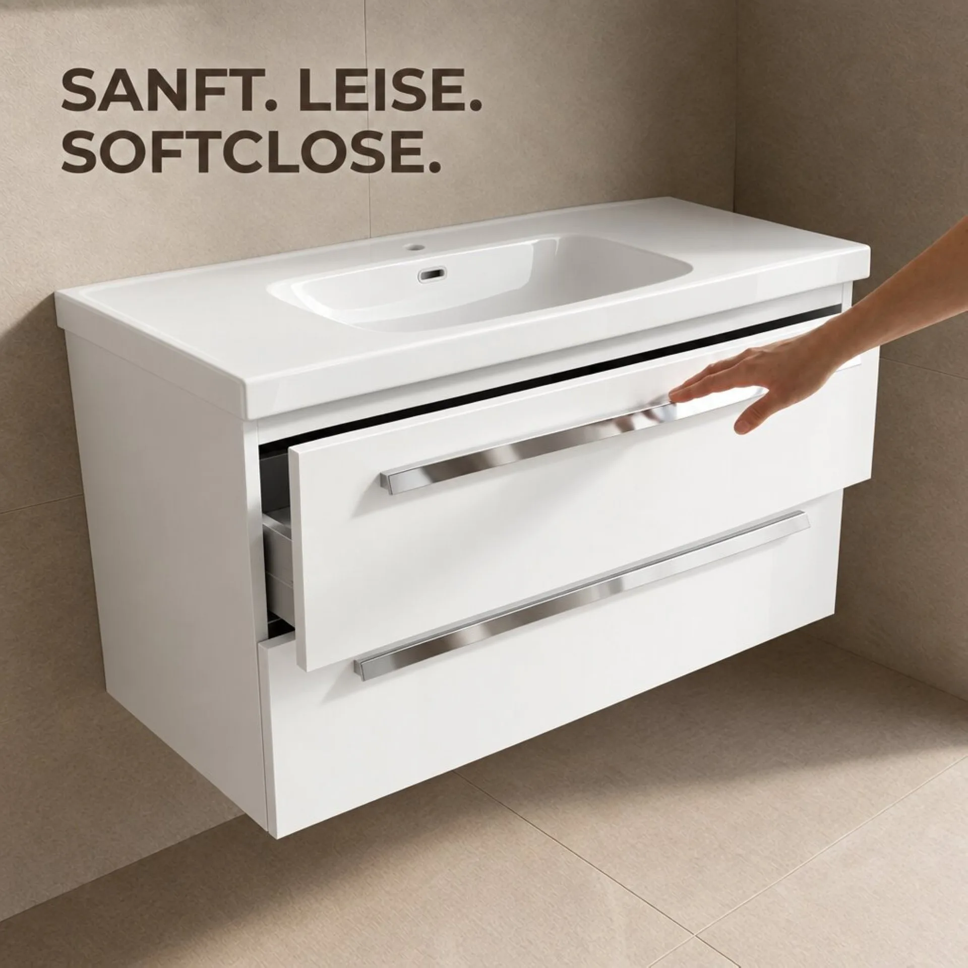 BADEDU TESSANO Waschbecken mit Unterschrank 90 cm breit, Weiß, Waschbecken Keramik Weiß