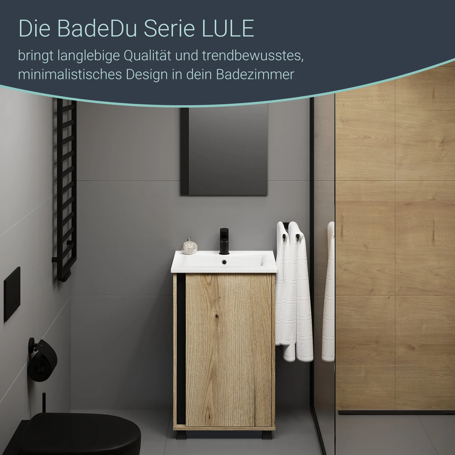 BADEDU LULE Gäste WC Waschtisch Set 51 cm breit, Braun, Waschbecken Keramik Weiß, mit Füßen