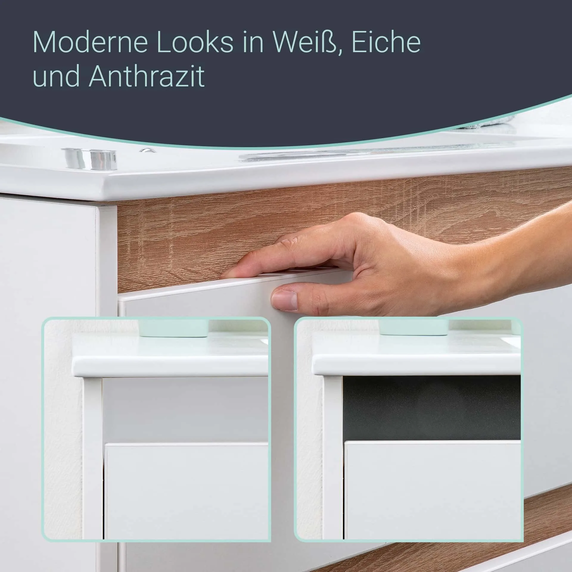 BADEDU BYK Waschbecken mit Unterschrank 60 cm breit, Weiß/Braun/Anthrazit, Waschbecken Keramik Weiß, Blende tauschbar