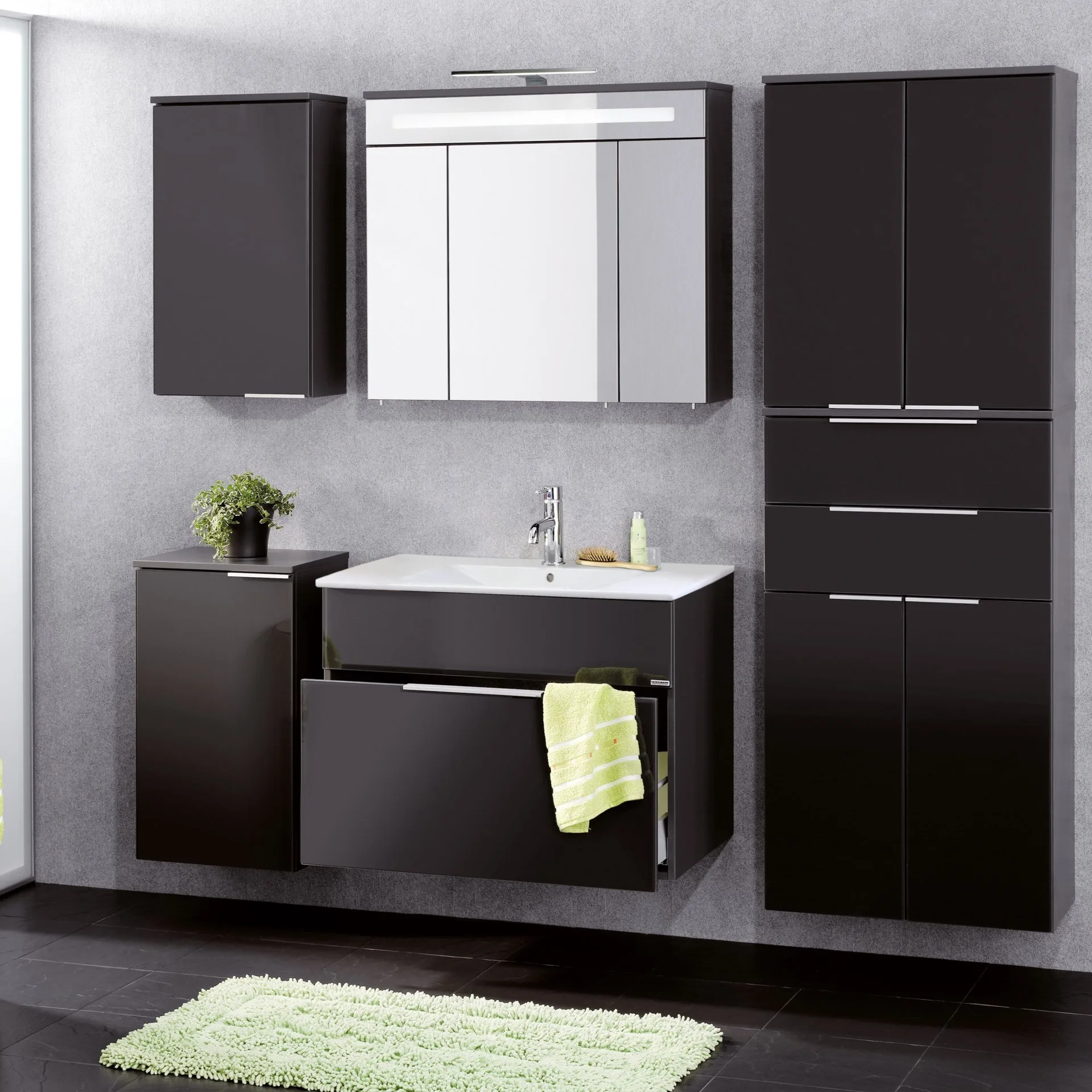 FACKELMANN KARA Waschtisch Set mit Spiegelschrank 80 cm breit, Anthrazit, Waschbecken Gussmarmor Weiß, 1 Schublade
