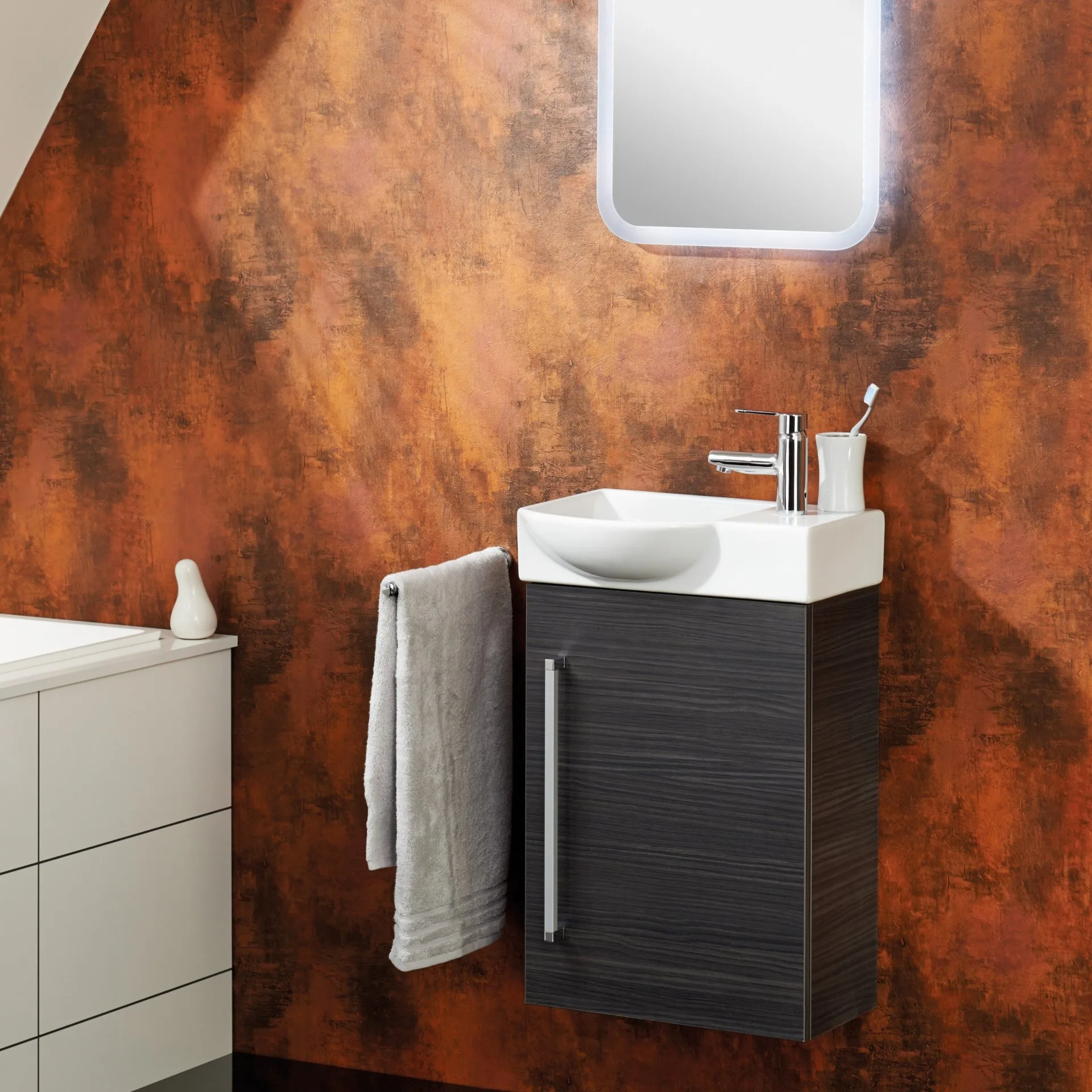 LANZET K3 Waschbeckenunterschrank Gäste WC 44 cm breit, Anthrazit Holzoptik, Türanschlag rechts