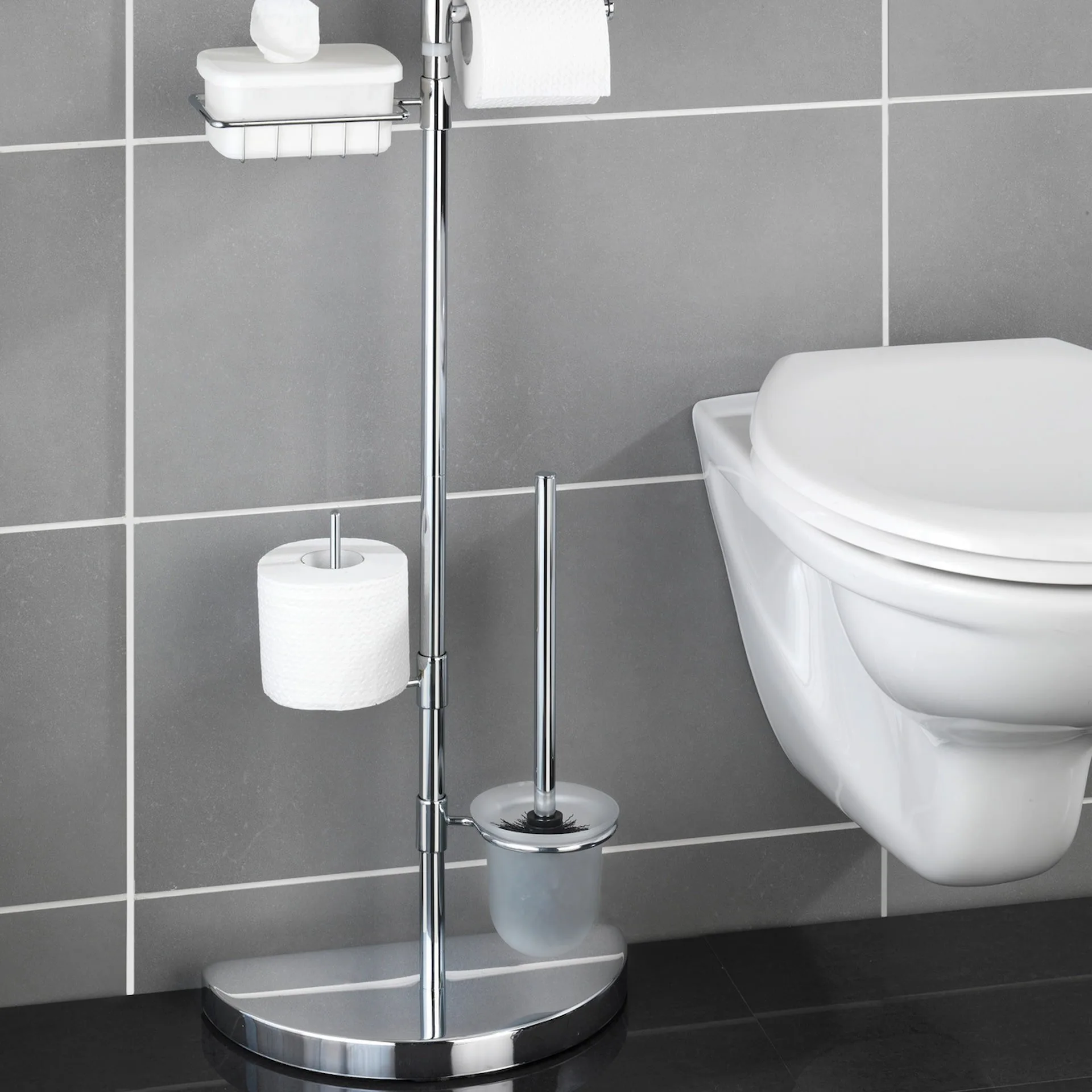 WENKO WC-Garnitur, Chrom glänzend, mit Ablage und Toilettenpapierhalter, stehend, Edelstahl rostfrei