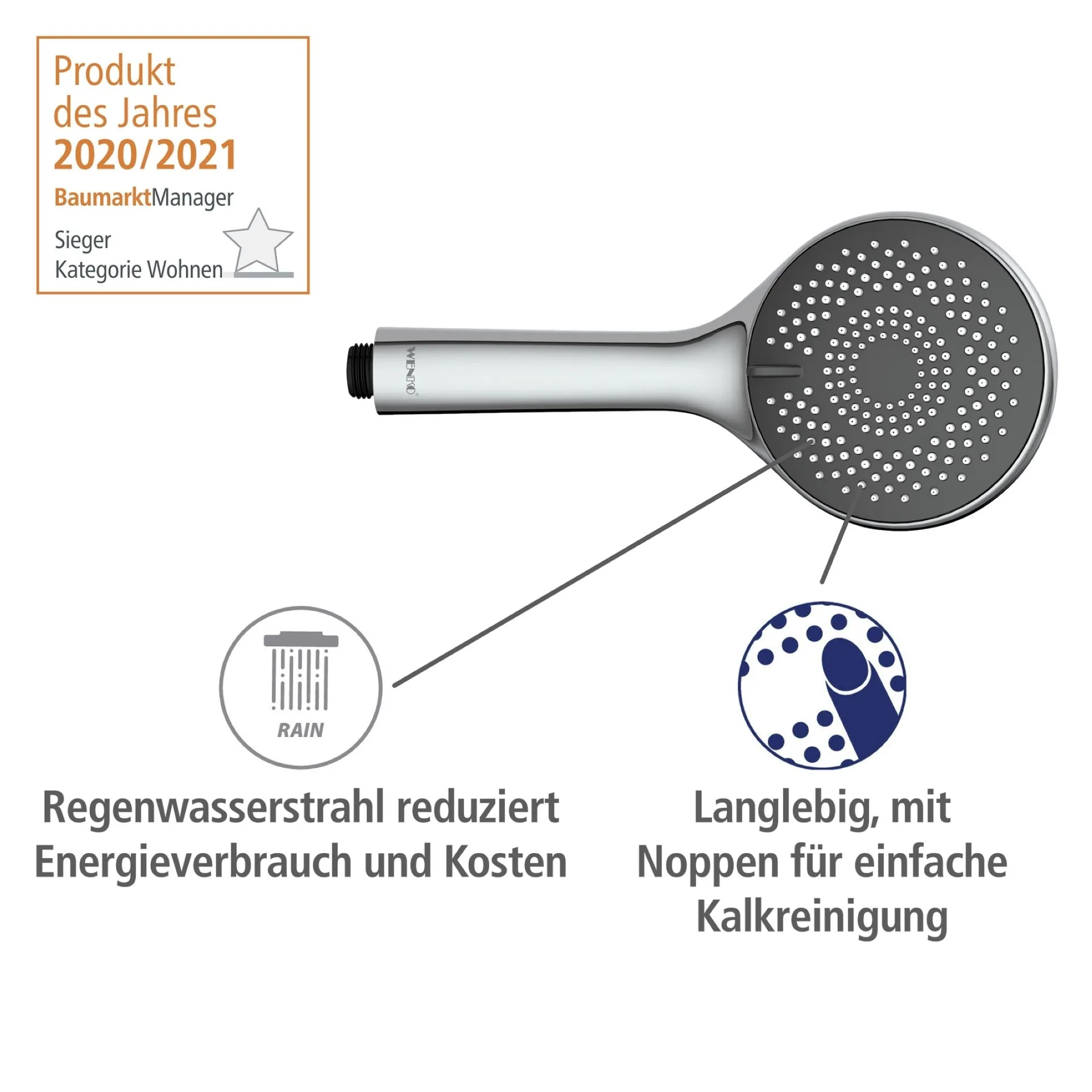 WENKO Stangenbrause Set 70 cm, Chrom, mit Wassersparsystem, 3 verschiedene Wasserstrahlarten, Edelstahl