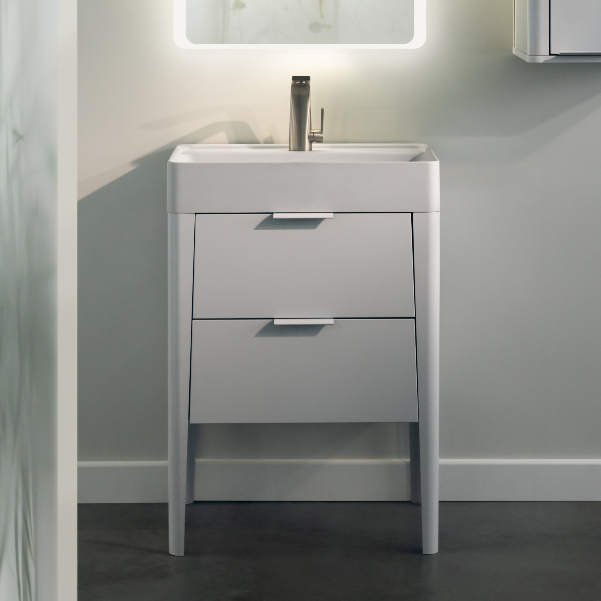 BADEDU SORA Waschbecken mit Unterschrank 60 cm breit, Weiß matt, Waschbecken Quarzkomposit Weiß, aus Aluminium, mit Füßen