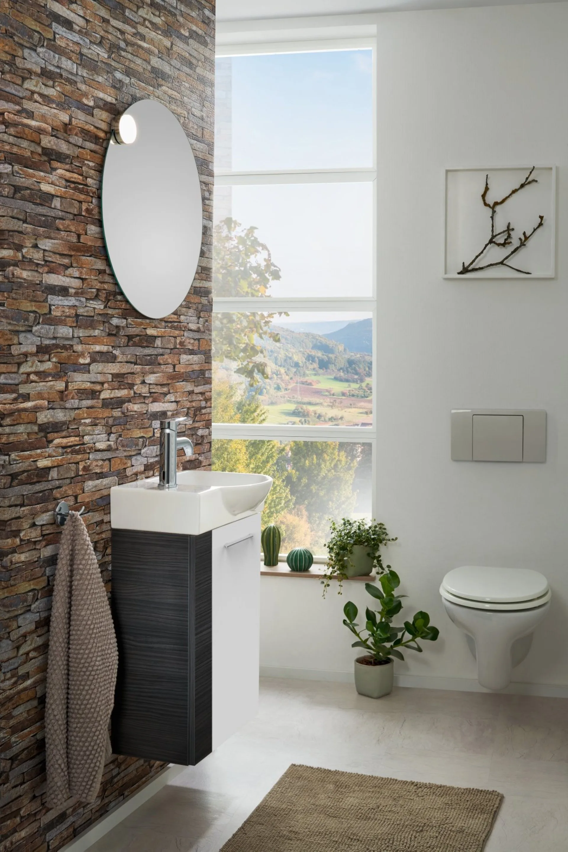 FACKELMANN SBC B.PERFEKT Gäste WC Waschtisch Set 45 cm breit, Weiß/Anthrazit Holzoptik, Waschbecken Keramik Weiß, Türanschlag rechts