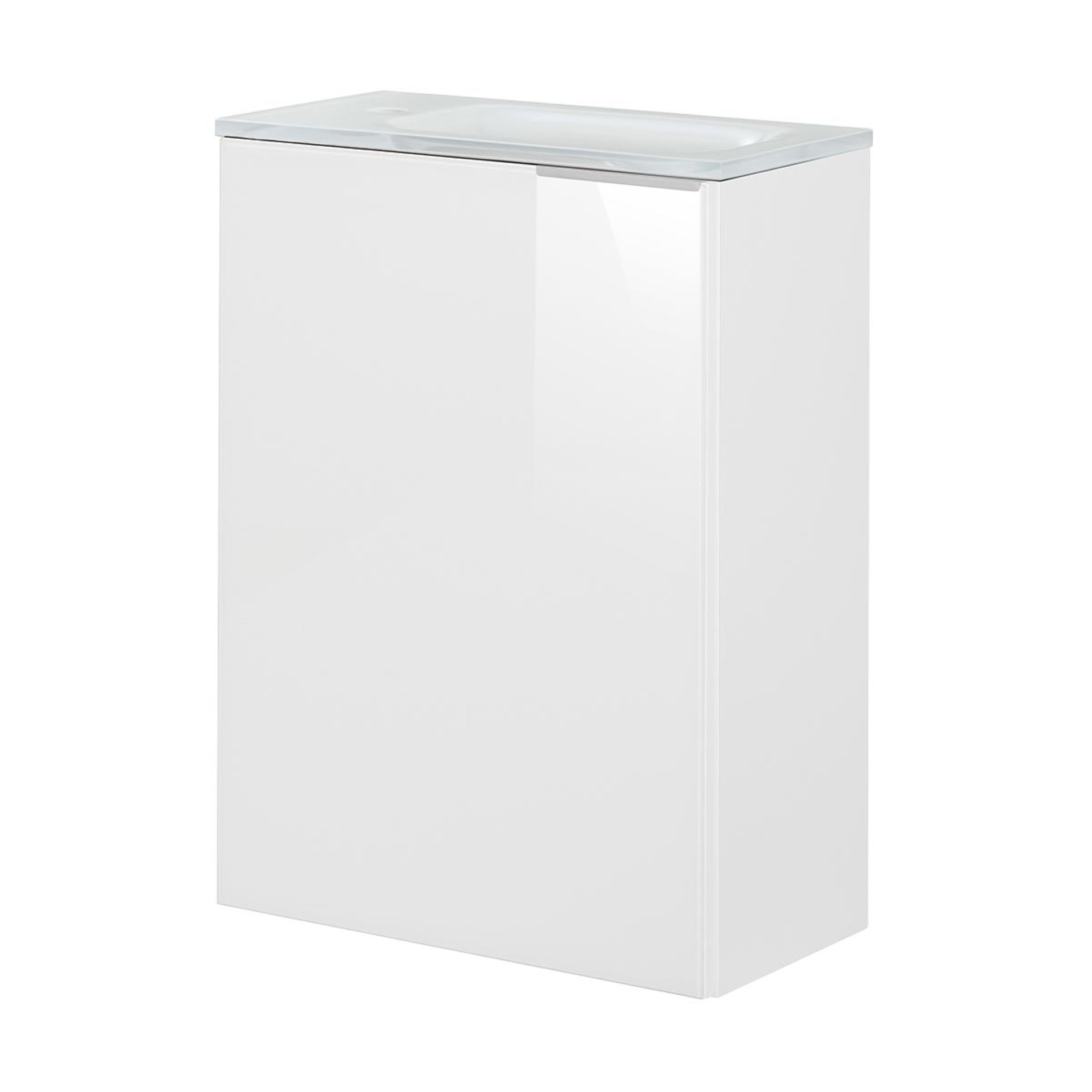 FACKELMANN SBC KARA Gäste WC Waschtisch Set 45 cm breit, Weiß, Waschbecken Glas Weiß, Türanschlag links + Waschbeckenbeleuchtung