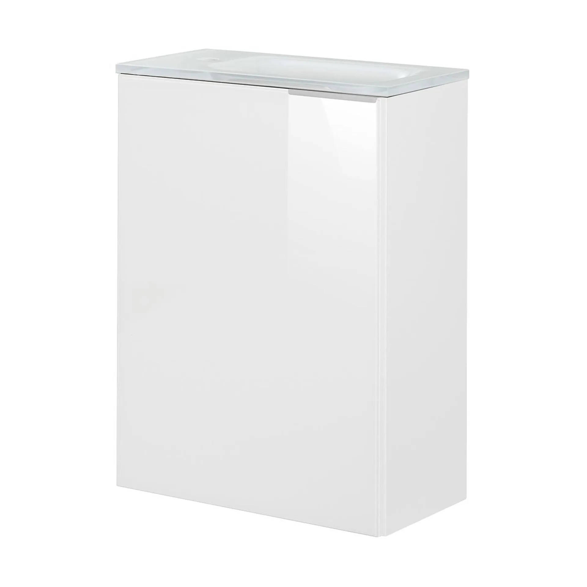 FACKELMANN SBC KARA Gäste WC Waschtisch Set 45 cm breit, Weiß, Waschbecken Glas Weiß, Türanschlag links + Waschbeckenbeleuchtung