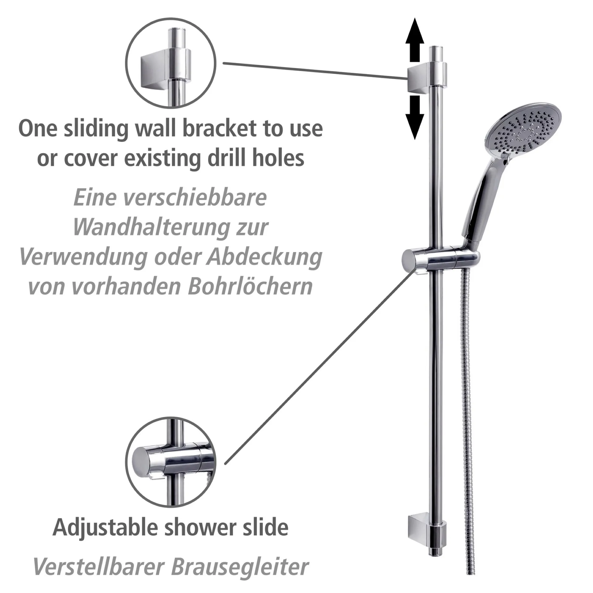 WENKO YOUNG Stangenbrause Set 66 cm, Chrom, 5 verschiedene Wasserstrahlarten