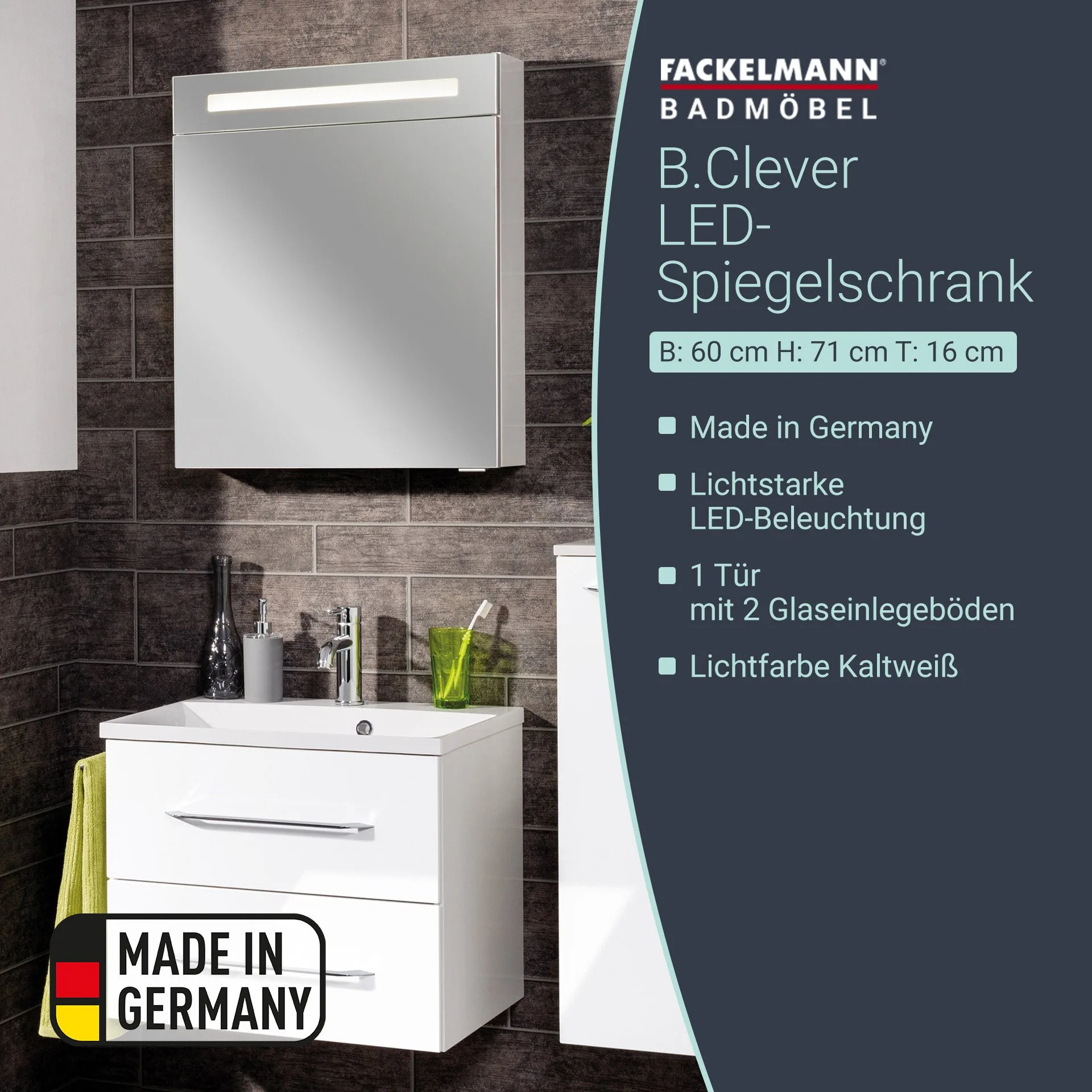 FACKELMANN B.CLEVER LED Spiegelschrank 60 cm breit, Weiß