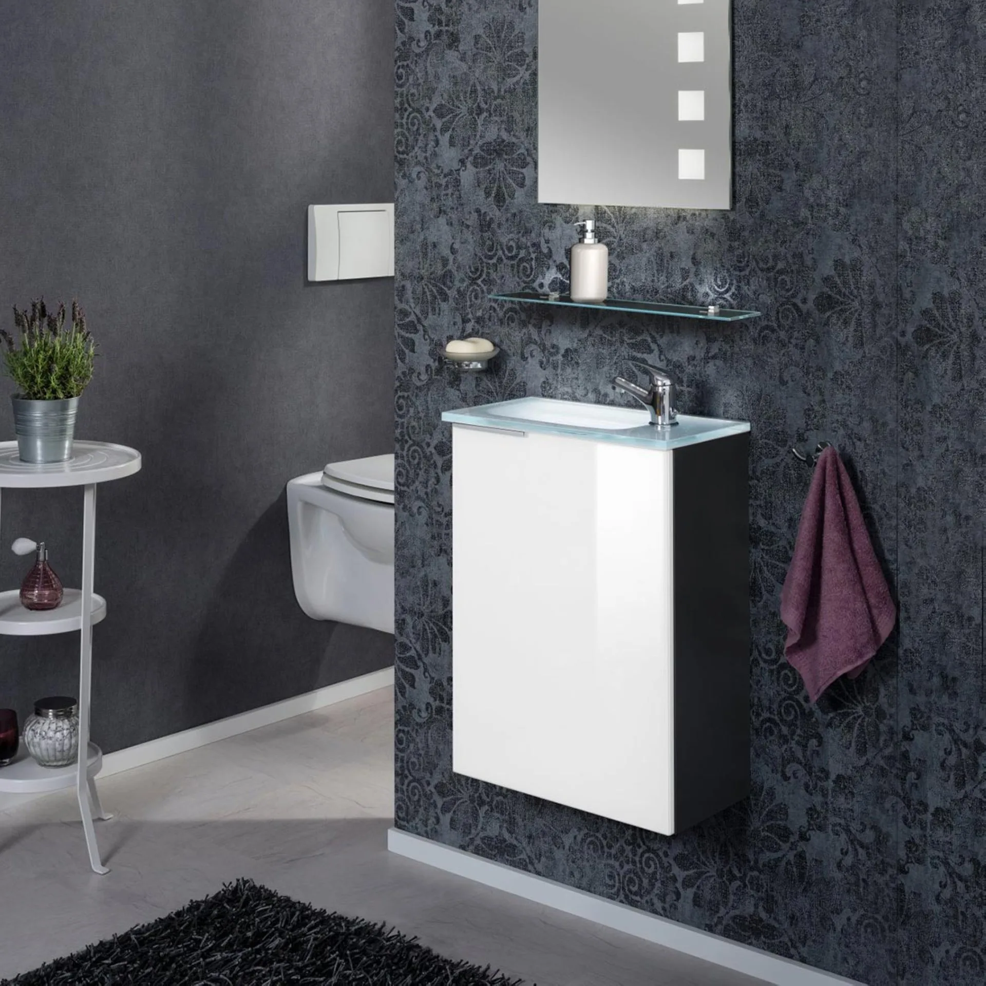FACKELMANN SBC KARA Waschbeckenunterschrank Gäste WC 45 cm breit, Weiß/Anthrazit, Türanschlag rechts