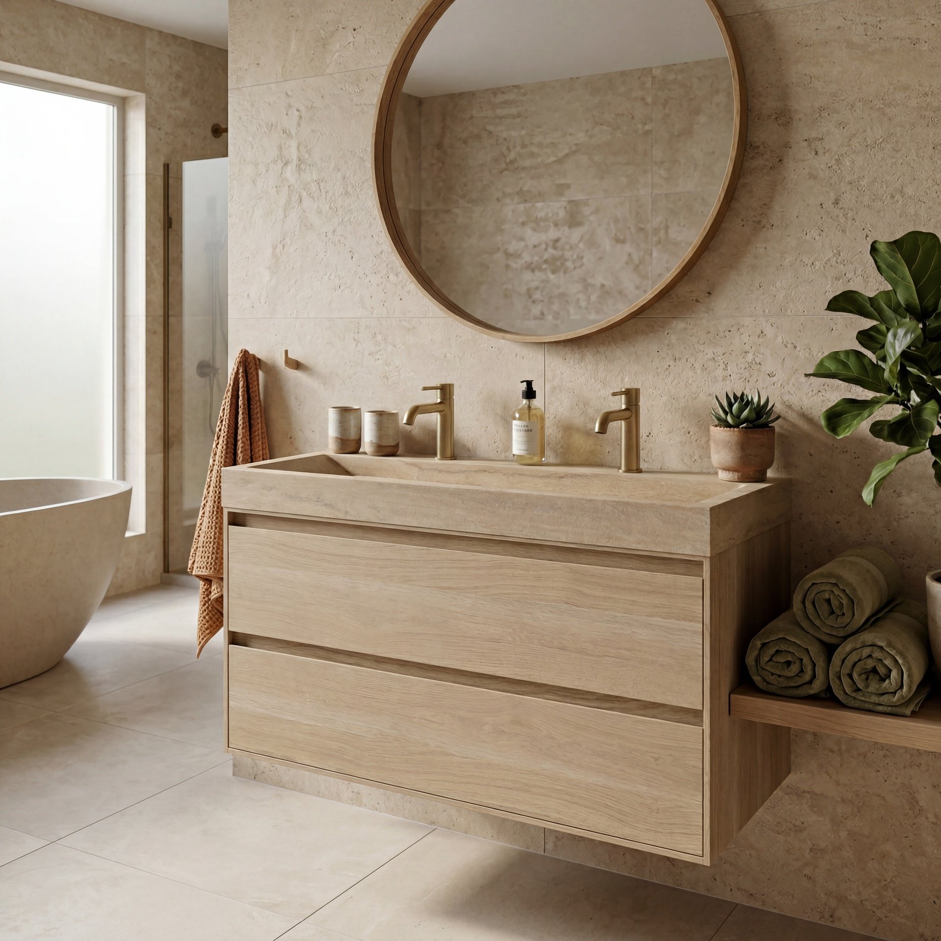 FORZALAQUA IBIZA BELLEZZA Waschbecken mit Unterschrank 120 cm breit, Braun hell, Natursteinwaschbecken Travertin matt mit zwei Hahnlöchern, 2 Schubladen