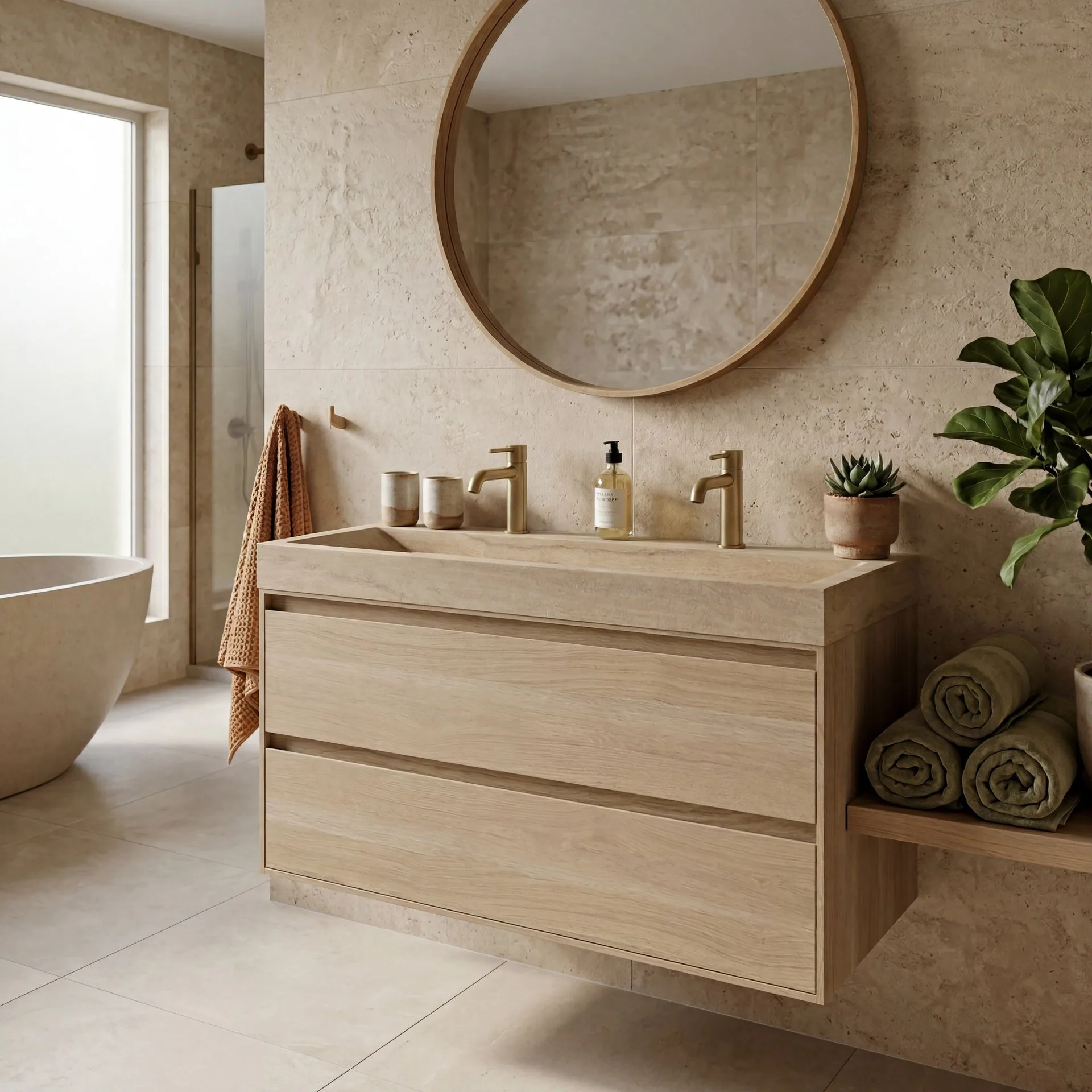 FORZALAQUA IBIZA BELLEZZA Waschbecken mit Unterschrank 120 cm breit, Braun hell, Natursteinwaschbecken Travertin matt mit zwei Hahnlöchern, 2 Schubladen