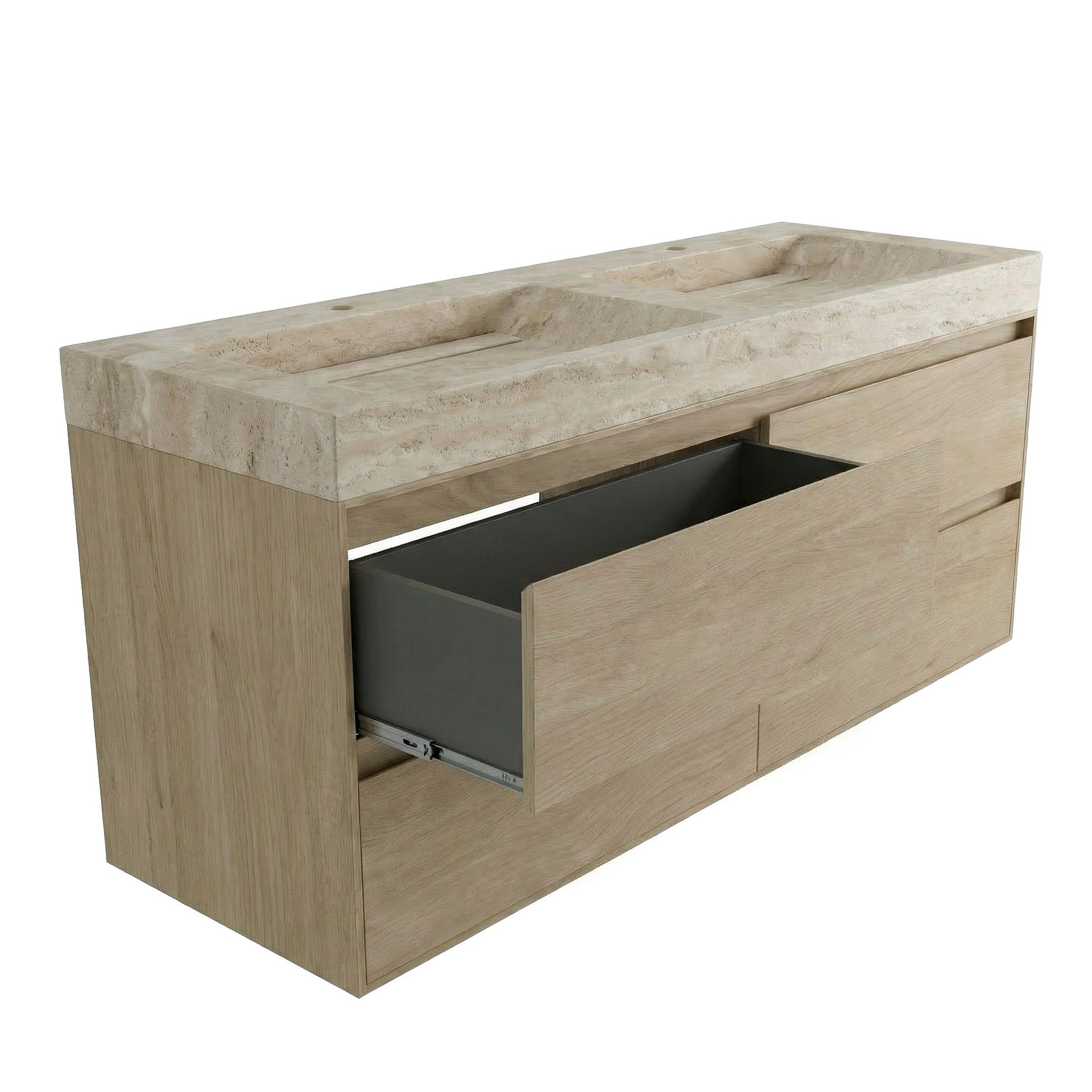 FORZALAQUA IBIZA BELLEZZA Waschbecken mit Unterschrank 160 cm breit, Braun hell, Doppelwaschbecken Naturstein Travertin matt mit zwei Hahnlöchern, 4 Schubladen