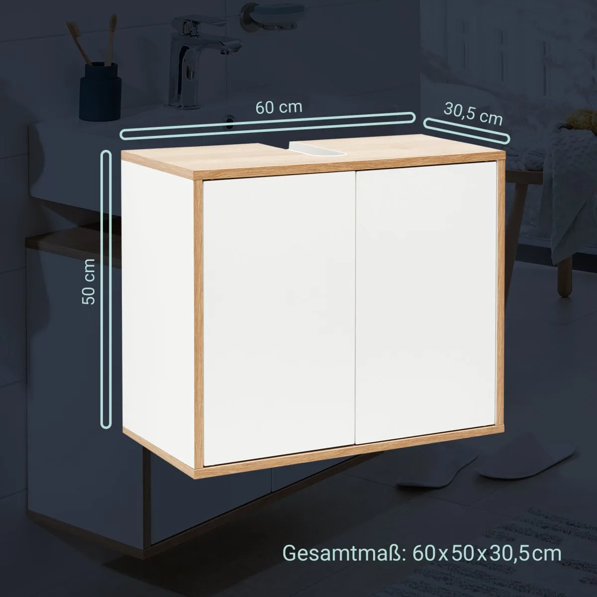 FACKELMANN FINN Waschbeckenunterschrank 60 cm breit, Weiß/Braun hell