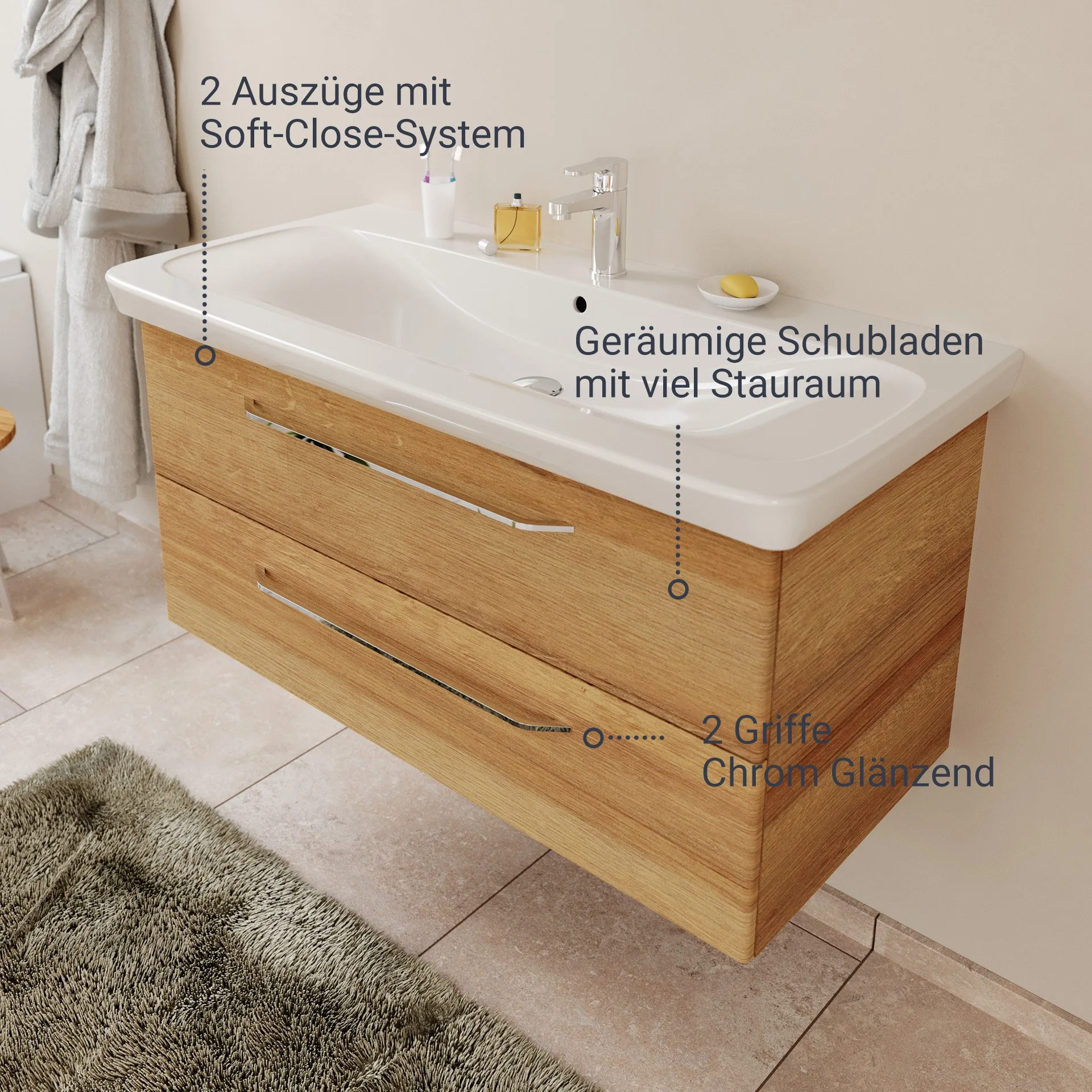 FACKELMANN MILANO Waschbecken mit Unterschrank 107 cm breit, Braun hell, Waschbecken Keramik Weiß