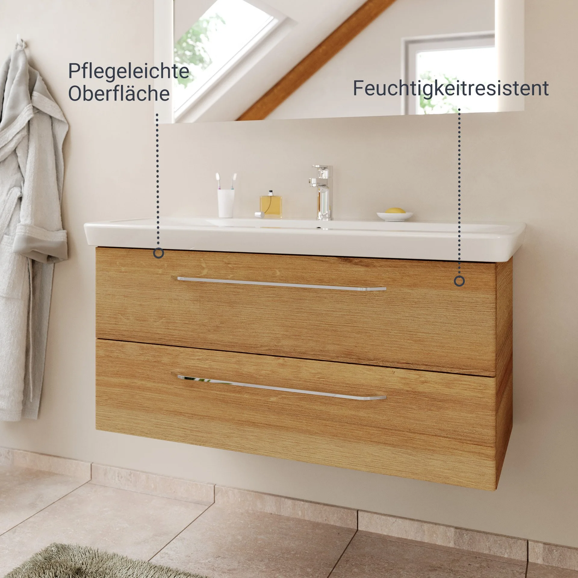 FACKELMANN MILANO Waschbecken mit Unterschrank 107 cm breit, Braun hell, Waschbecken Keramik Weiß