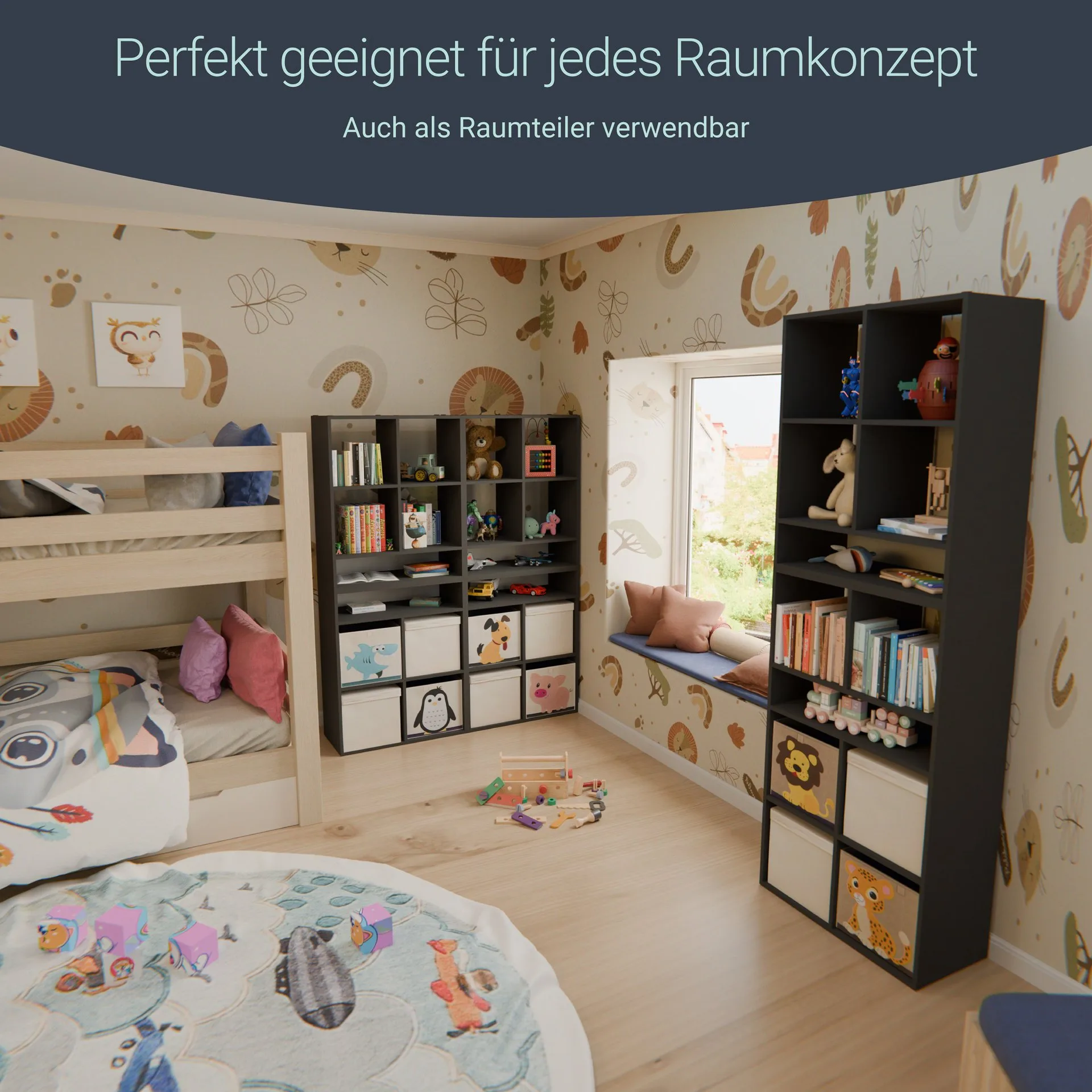 BADEDU WARD Regal 72 cm breit, Anthrazit, 7 Fächer