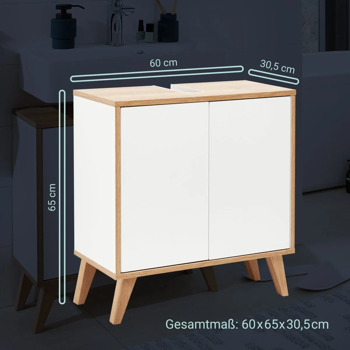FACKELMANN FINN Waschbeckenunterschrank 60 cm breit, Weiß/Braun hell + Holzfüße