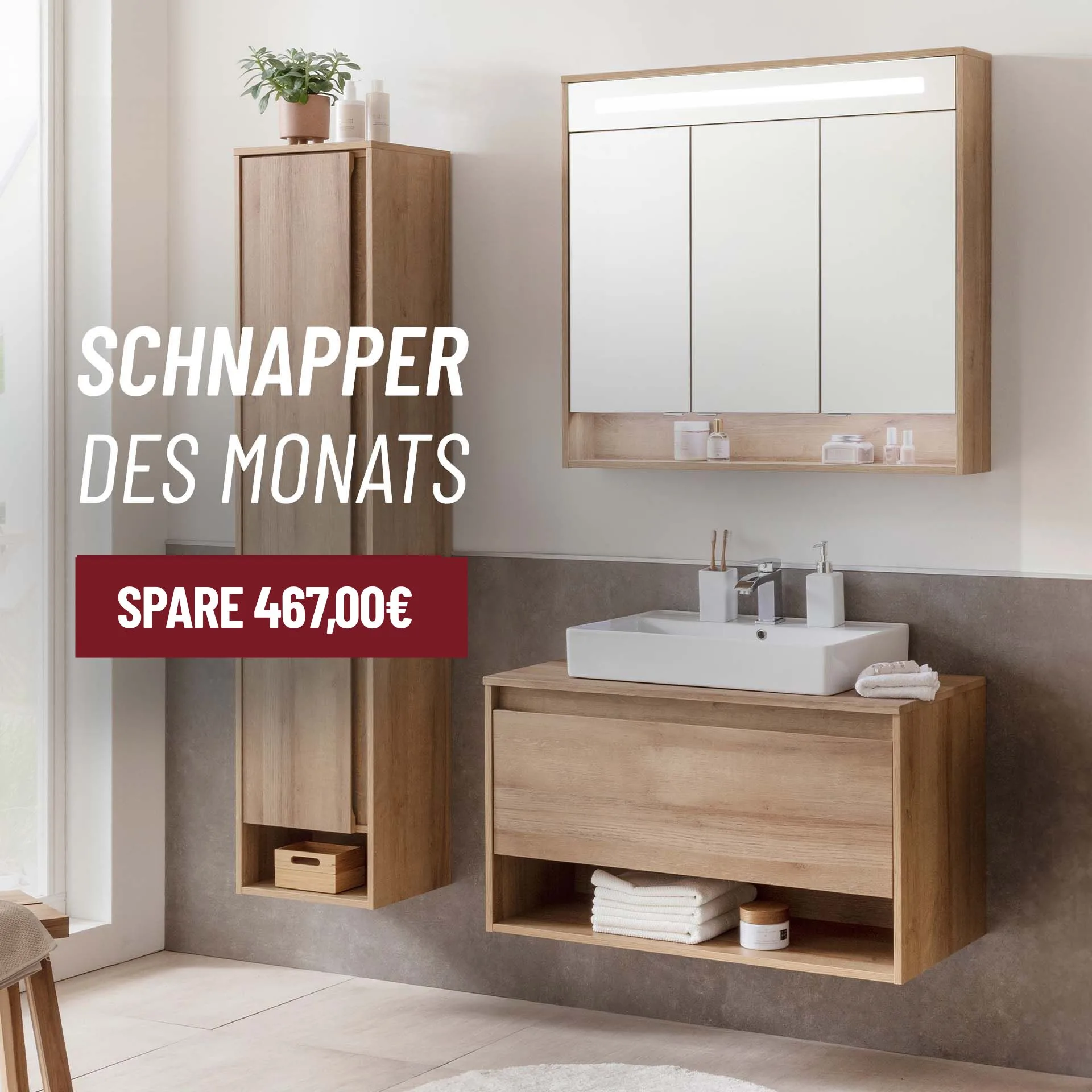 FACKELMANN NATURA Waschtisch Set mit Spiegelschrank 94 cm breit, Braun hell, Aufsatzwaschbecken Keramik Weiß + LED Spiegelschrank