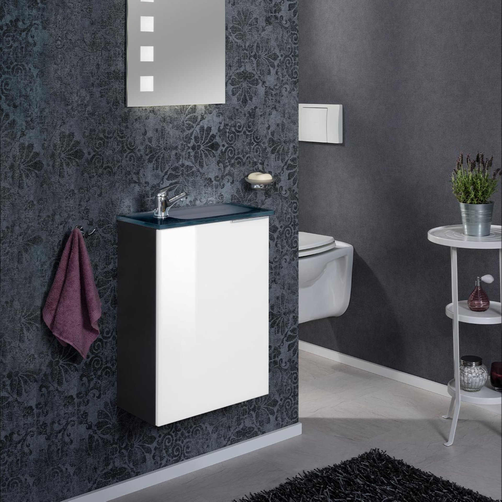 FACKELMANN SBC KARA Gäste WC Waschtisch Set 45 cm breit, Weiß/Anthrazit, Waschbecken Glas Anthrazit, Türanschlag links