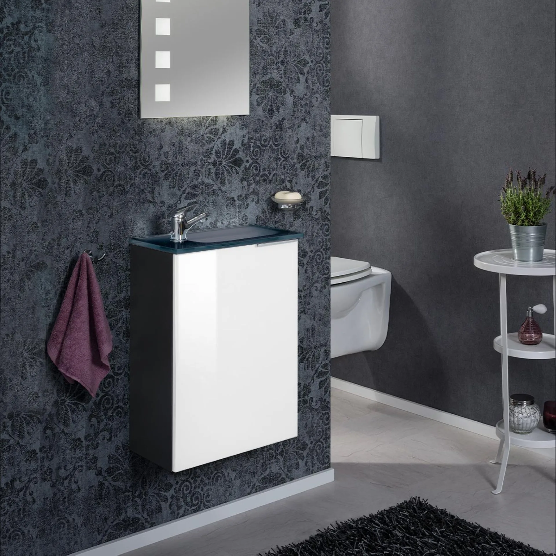 FACKELMANN SBC KARA Gäste WC Waschtisch Set 45 cm breit, Weiß/Anthrazit, Waschbecken Glas Anthrazit, Türanschlag links