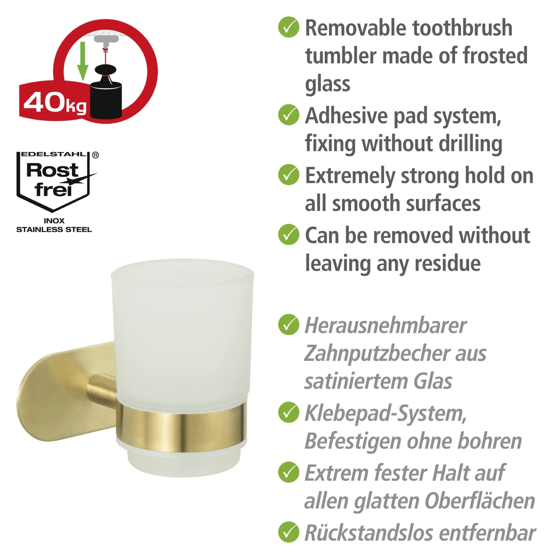 WENKO OREA Zahnputzbecher, Gold matt, Befestigen ohne Bohren