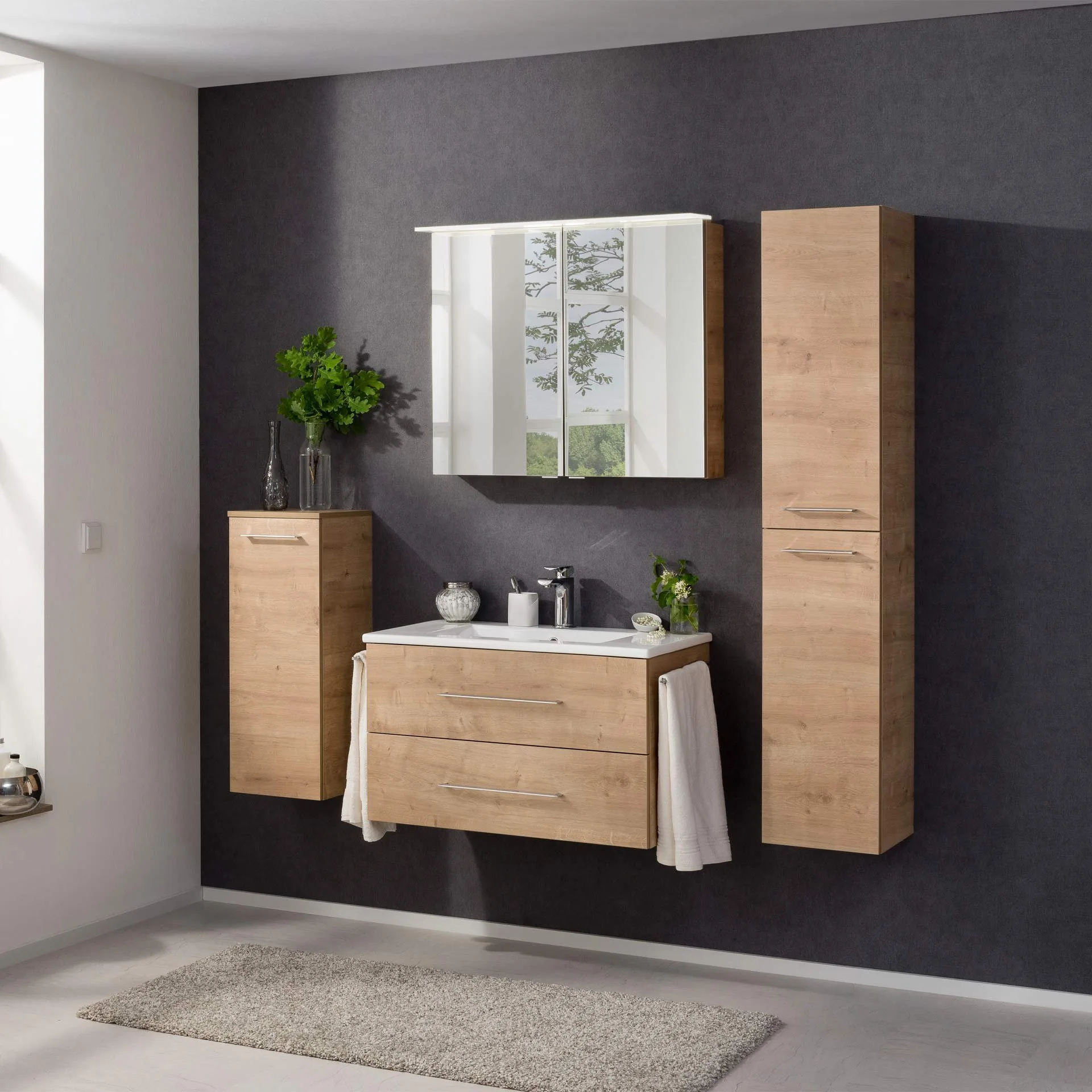 FACKELMANN B.PERFEKT Badmöbel Set 4-teilig 82 cm breit, Braun hell, Waschbecken Keramik Weiß + LED Spiegelschrank + Hochschrank