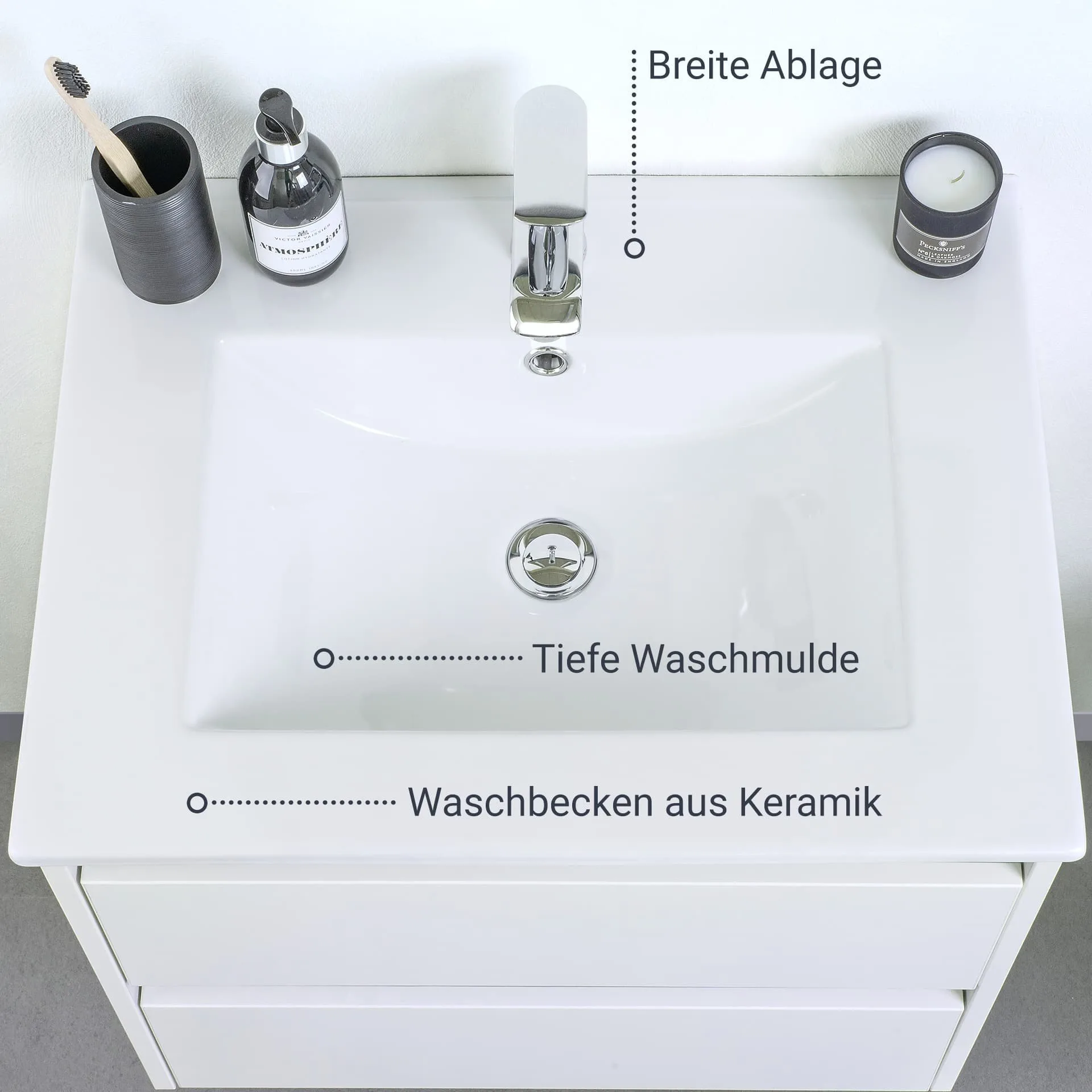 BADEDU BYK Waschbecken mit Unterschrank 60 cm breit, Weiß/Braun/Anthrazit, Waschbecken Keramik Weiß, Blende tauschbar