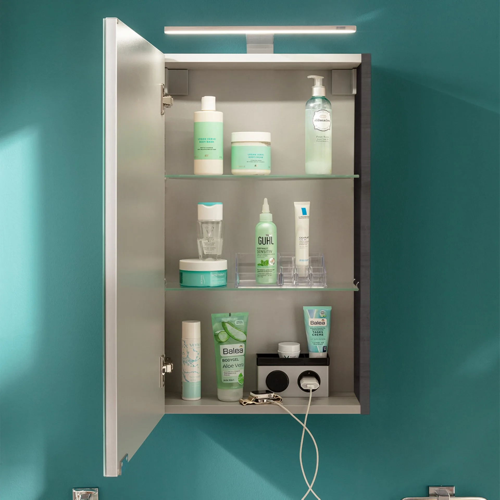 FACKELMANN SBC B.PERFEKT Gäste WC Spiegelschrank 40 cm breit, Anthrazit Holzoptik, Türanschlag links + Aufsatzleuchte