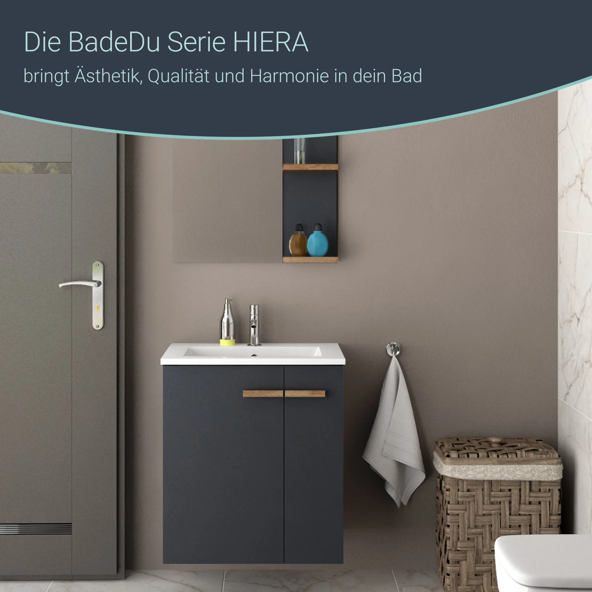 BADEDU HIERA Spiegel 59 cm breit, Anthrazit, zwei Ablagen