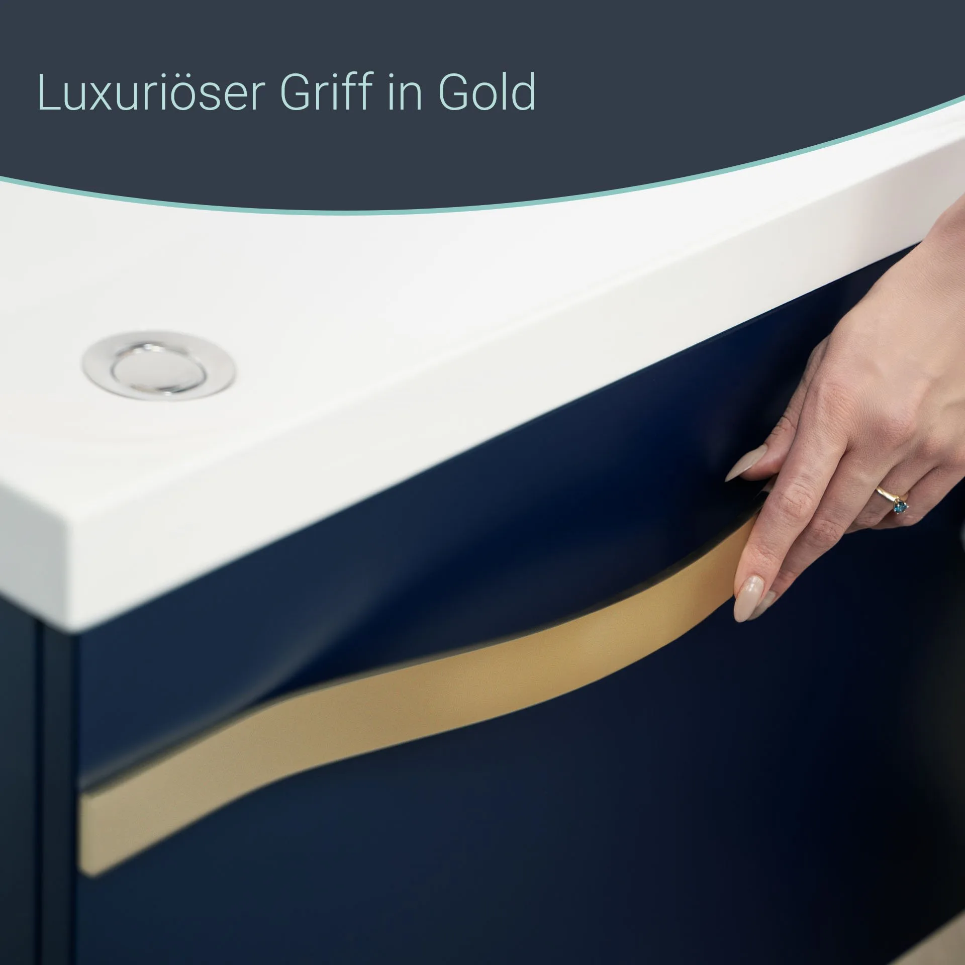 BADEDU FILS Waschbecken mit Unterschrank 69 cm breit, Blau, Waschbecken Gussmarmor Weiß, Griff Gold