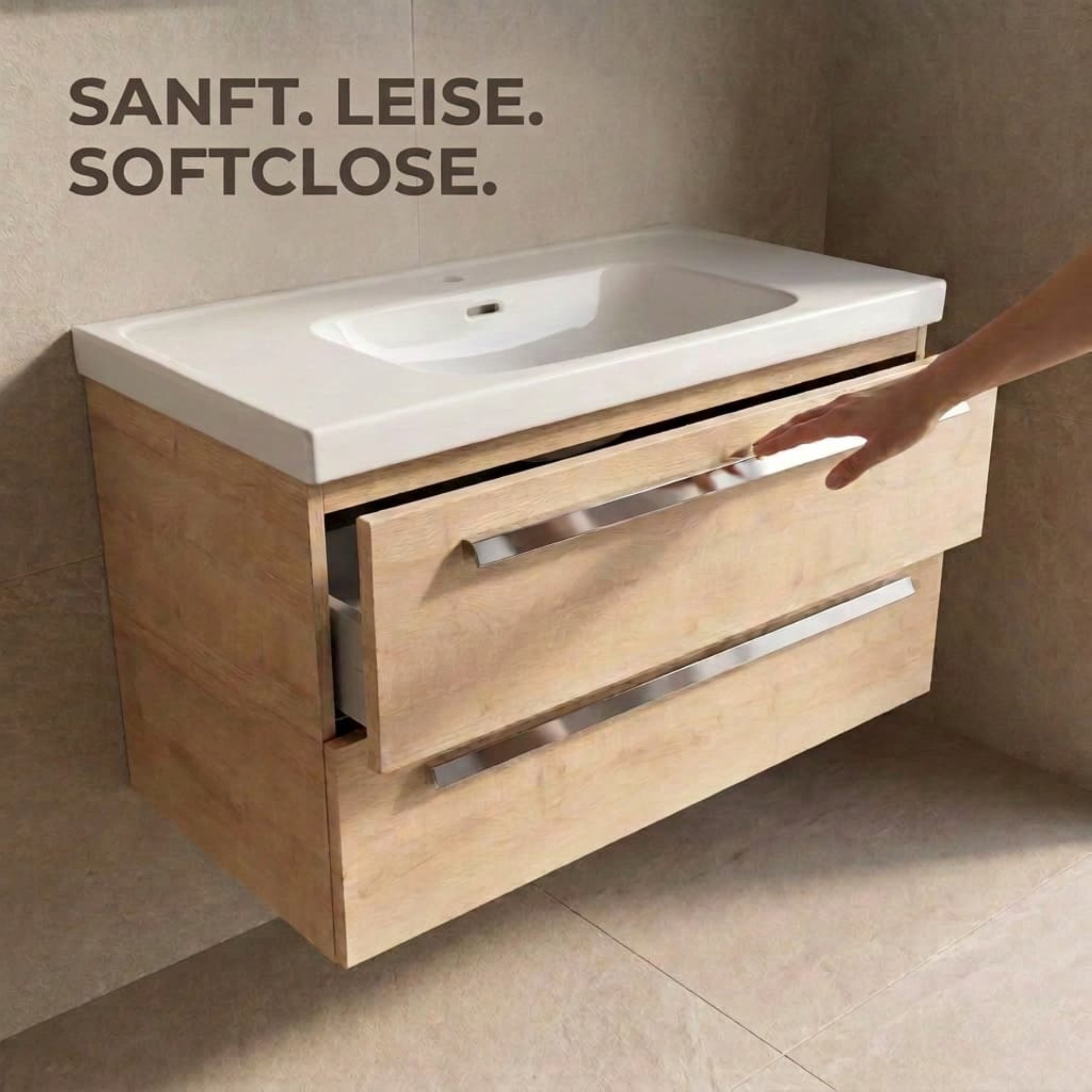 BADEDU TESSANO Waschbecken mit Unterschrank 90 cm breit, Braun hell, Waschbecken Keramik Weiß