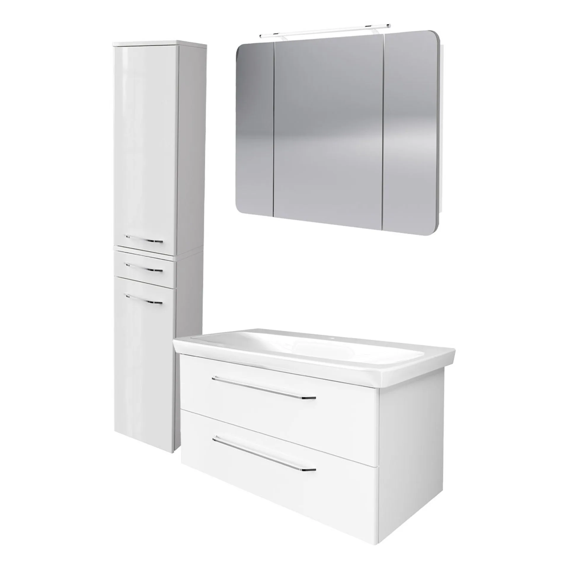 FACKELMANN MILANO Badmöbel Set 4-teilig 107 cm breit, Weiß, Waschbecken Keramik Weiß + LED Spiegelschrank + Hochschrank