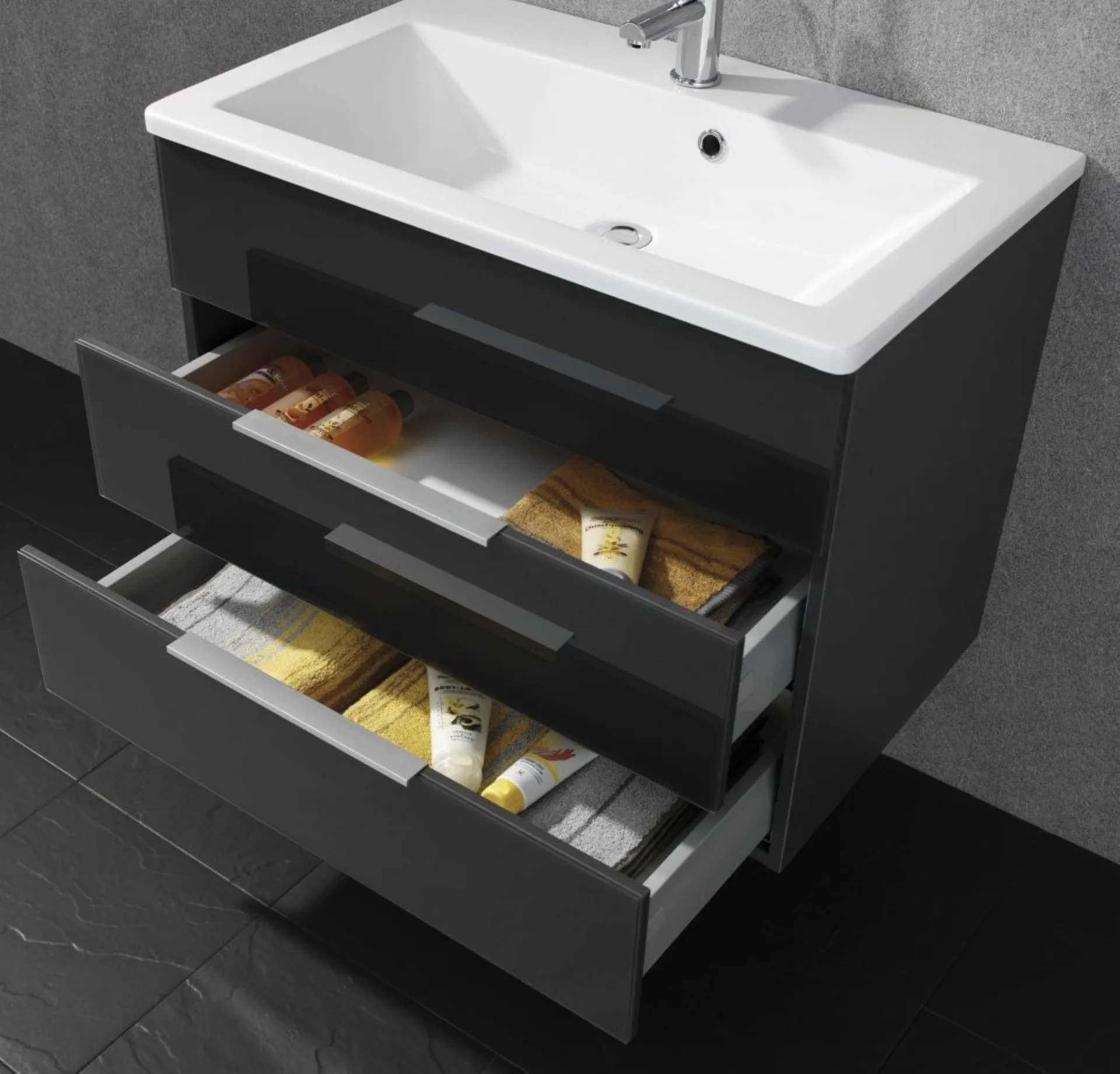 FACKELMANN KARA Waschbeckenunterschrank 80 cm breit, Anthrazit, 2 Schubladen
