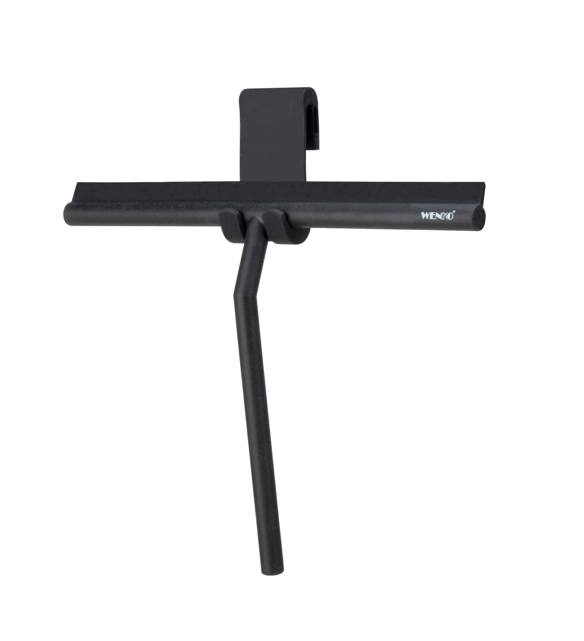 WENKO MOLA Duschabzieher, Schwarz, mit Wandhalterung, Edelstahl umantelt mit Silikon, extra breite Wischfläche