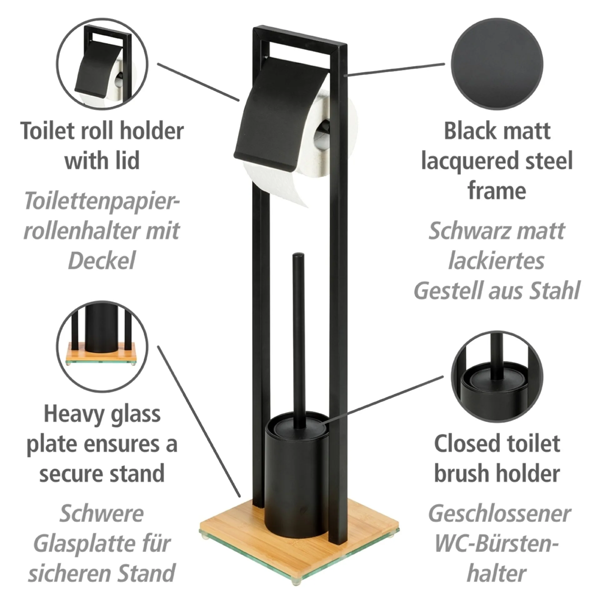 WENKO BAMBUSA WC-Garnitur, Braun/Schwarz, mit Toilettenpapierhalter, aus Bambus, stehend